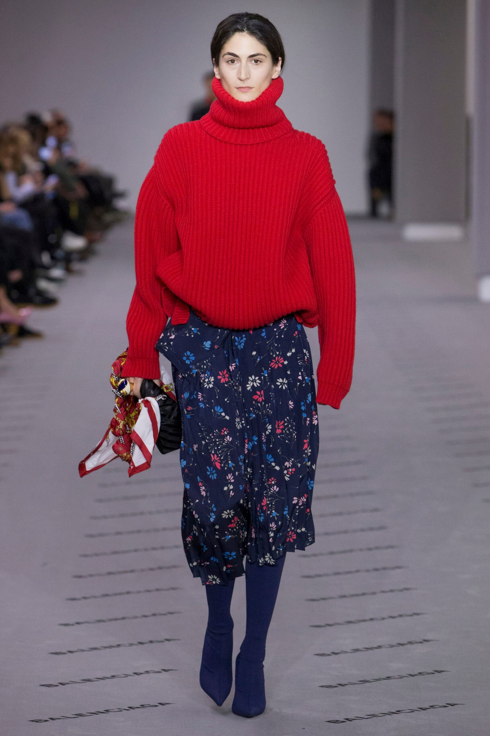 oversized red wool sweater and flared skirt