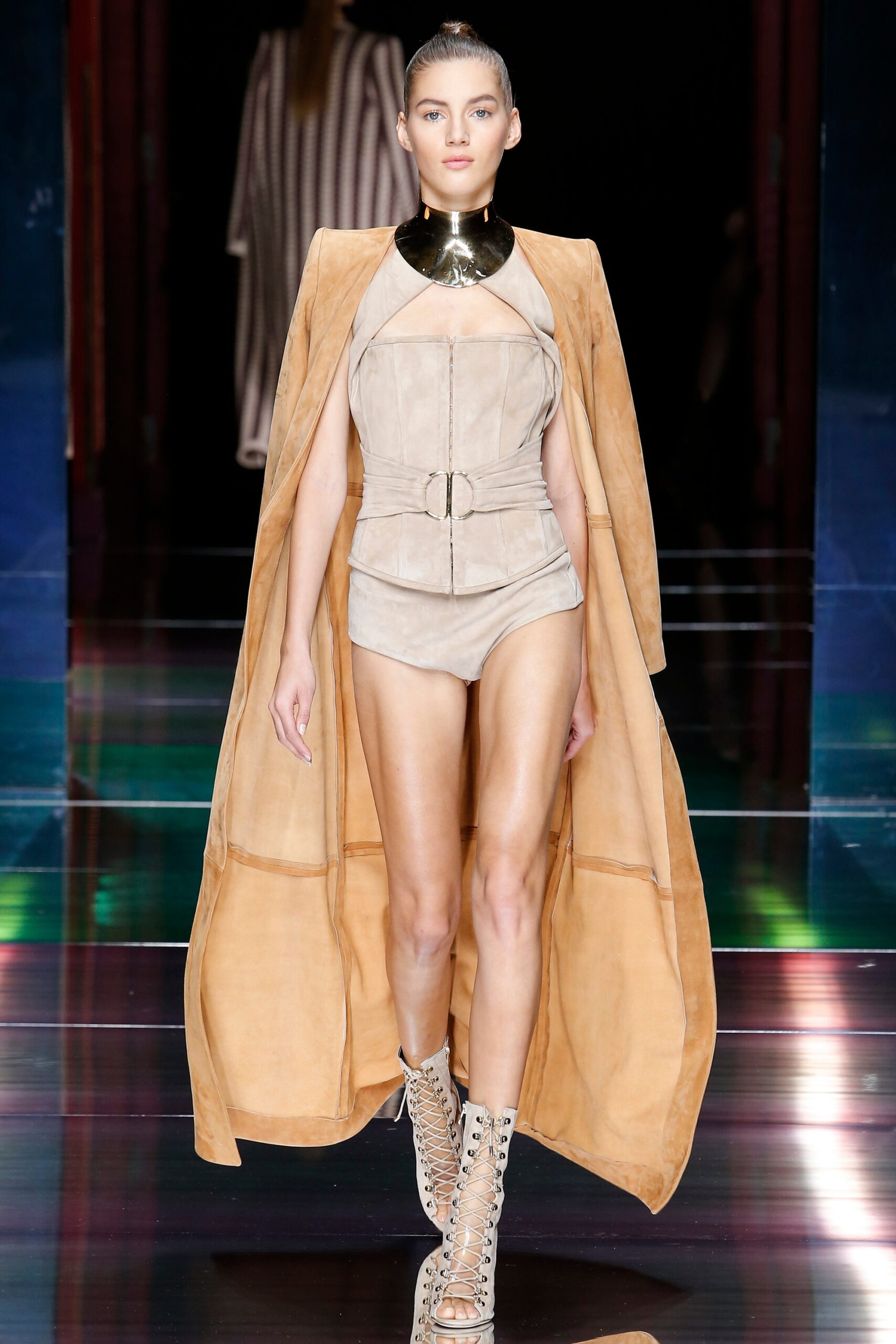 beige suede sleeveless relaxed belted cape