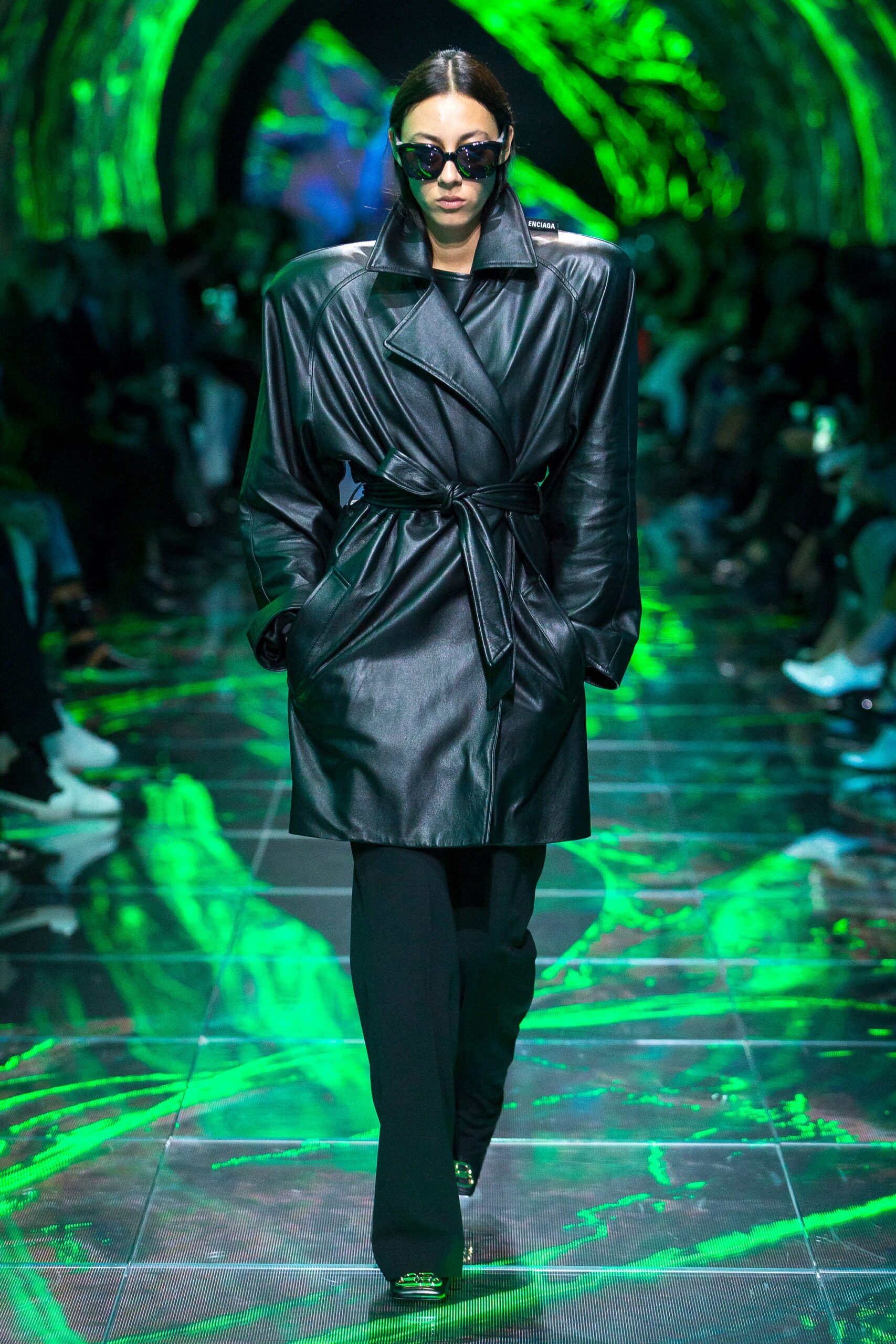 black leather coat with sunglasses