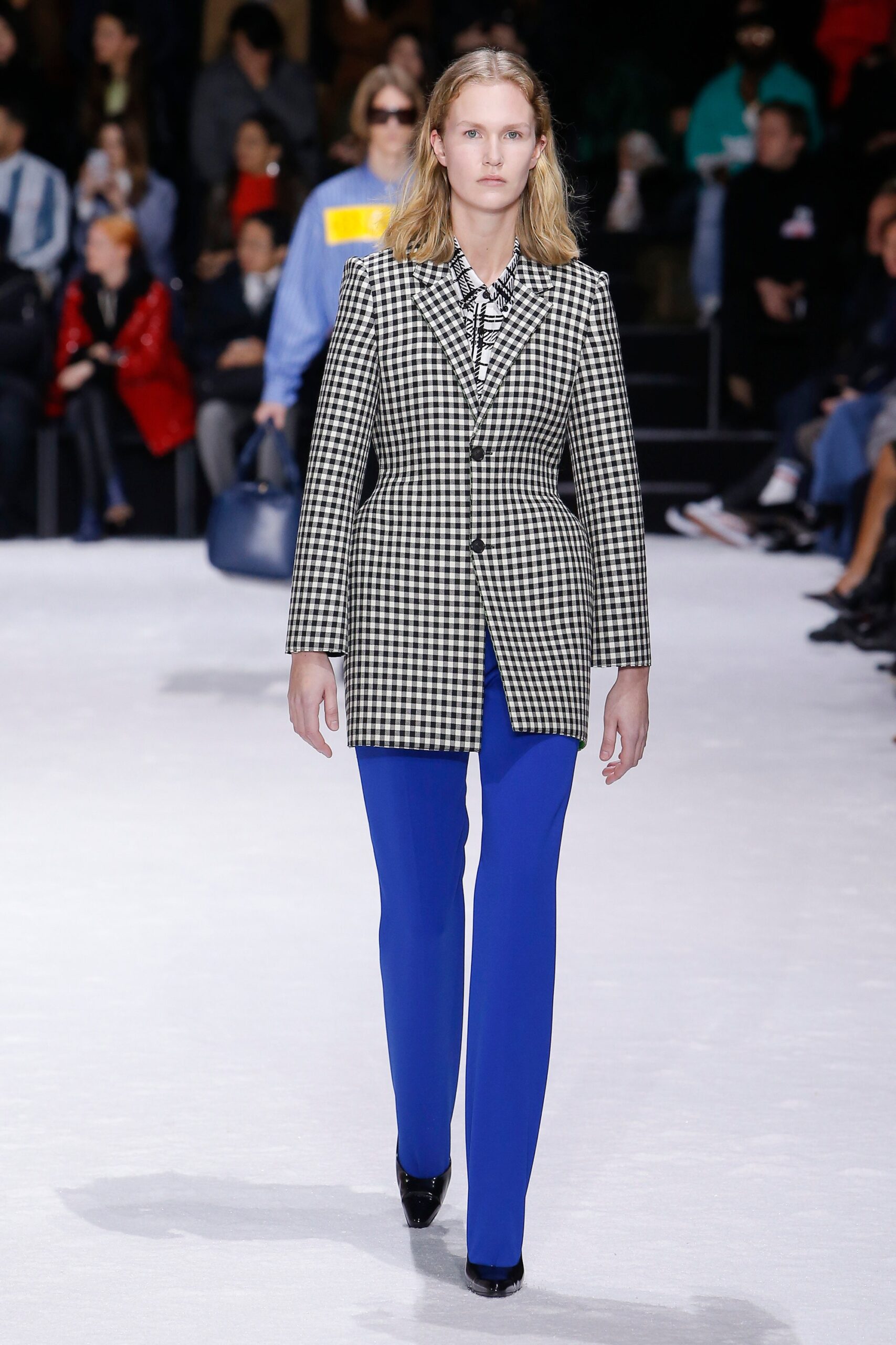 checked blazer with blue pants