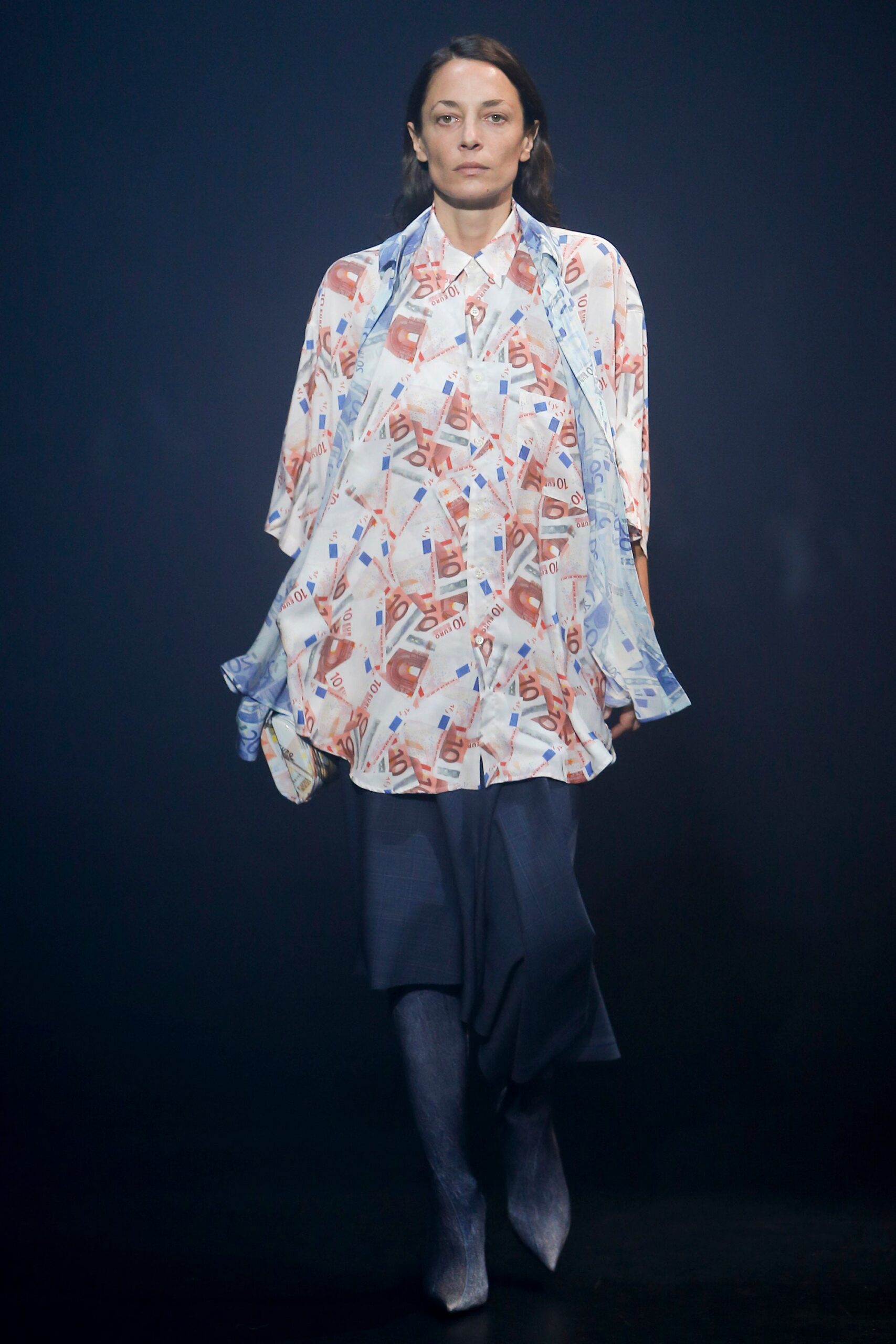 printed silk blouse with fitted pants