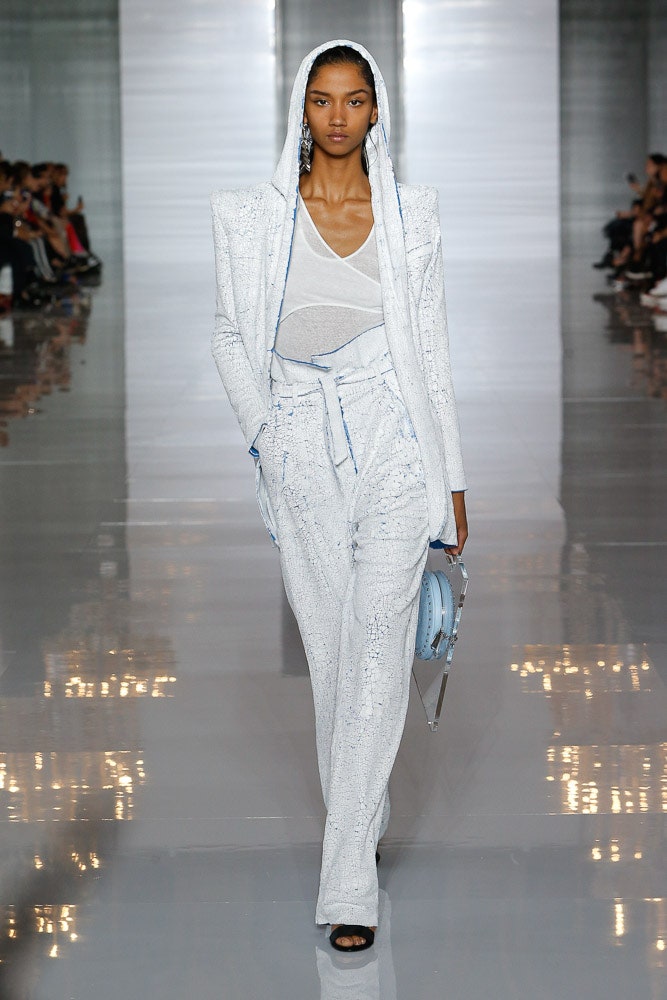 white silk long-sleeve hooded tailored zippered shiny blazer