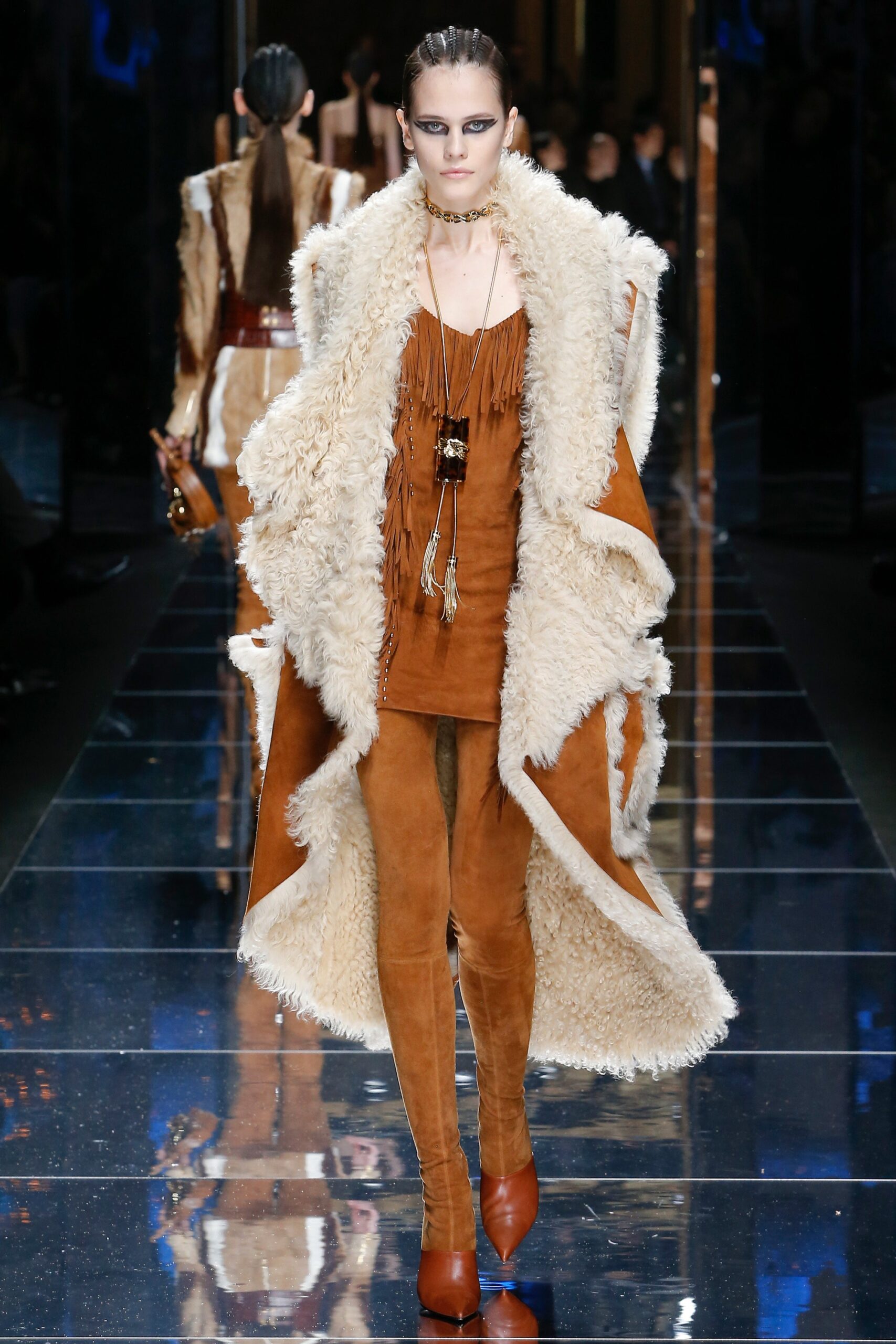 brown suede fitted straight-leg pants