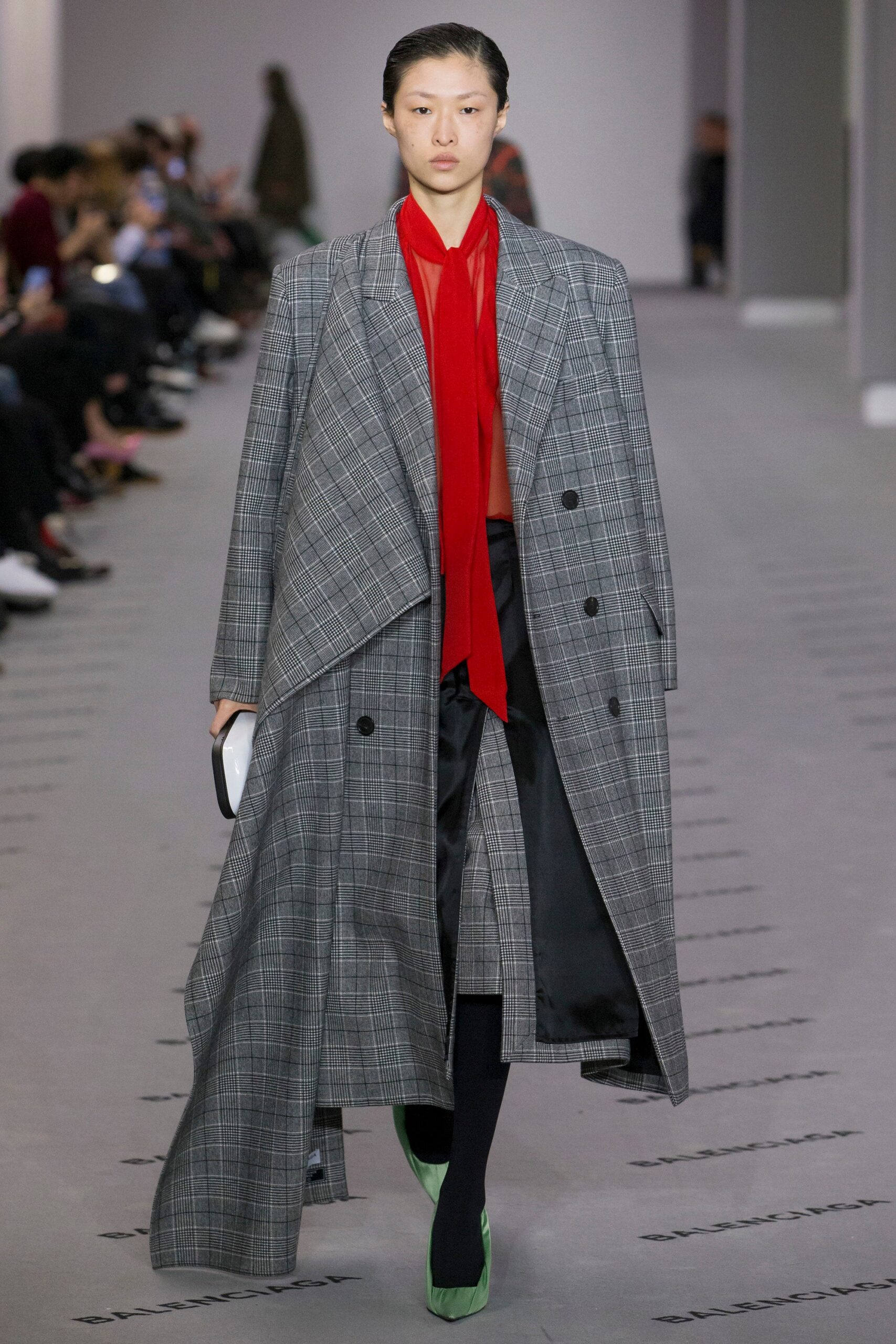 gray wool long-sleeve collared relaxed checked maxi coat