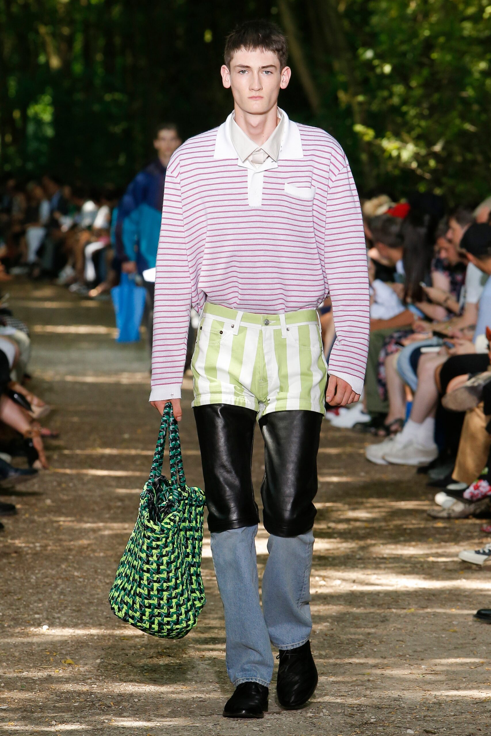 relaxed striped shirt with color-blocked pants