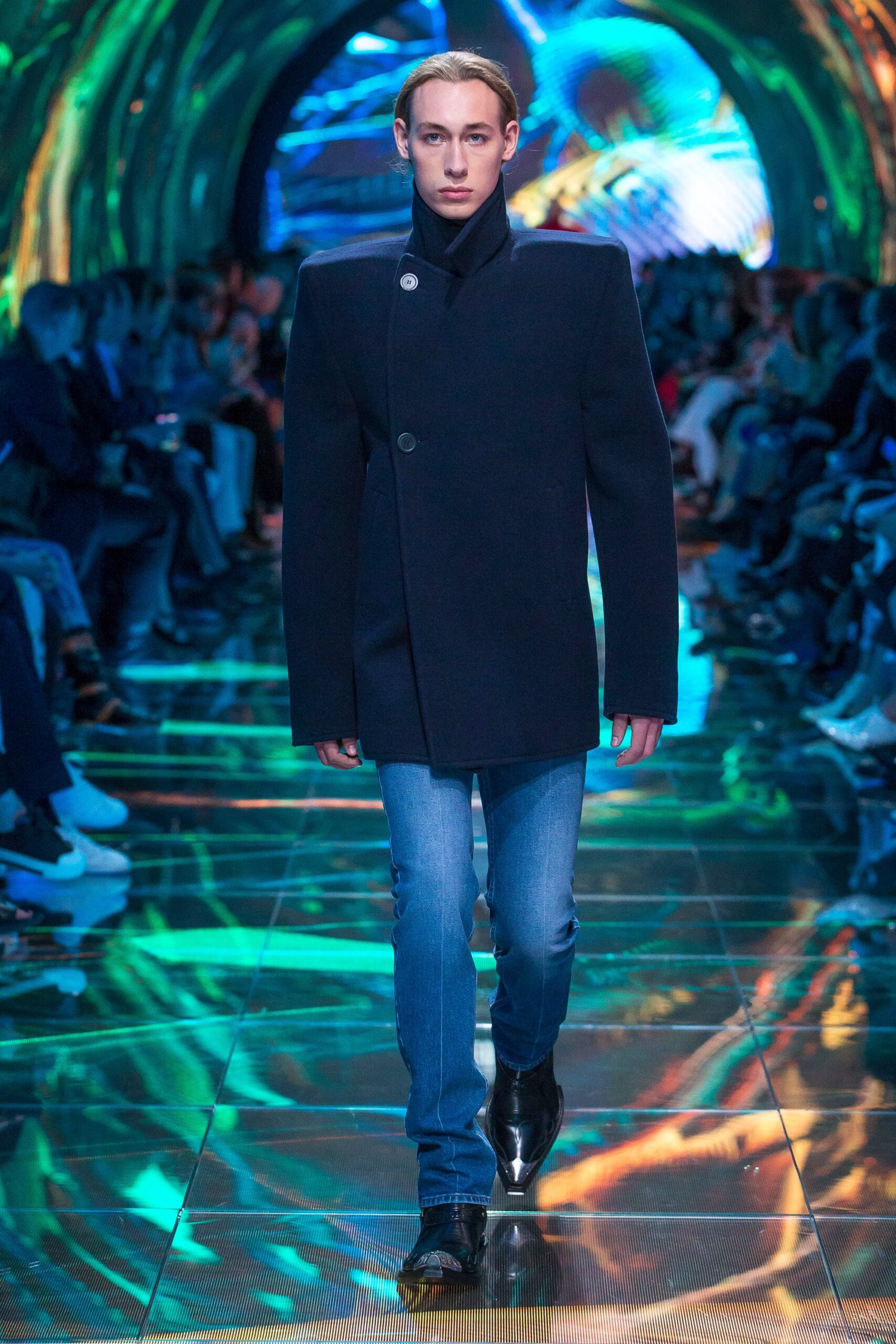 black wool coat with blue jeans