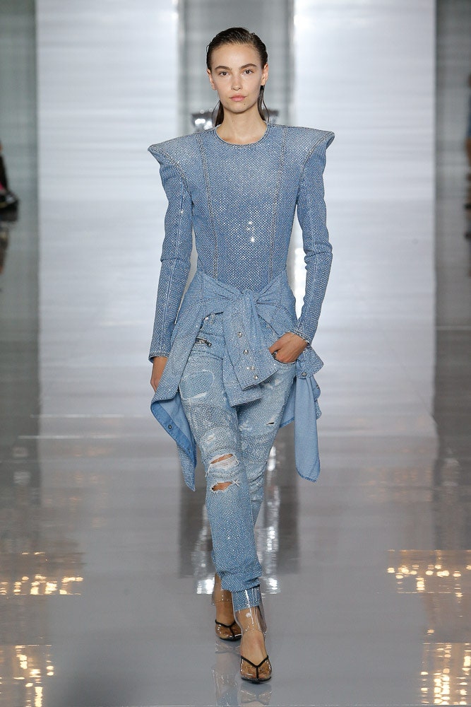 blue denim long-sleeve collared fitted structured buttoned jacket