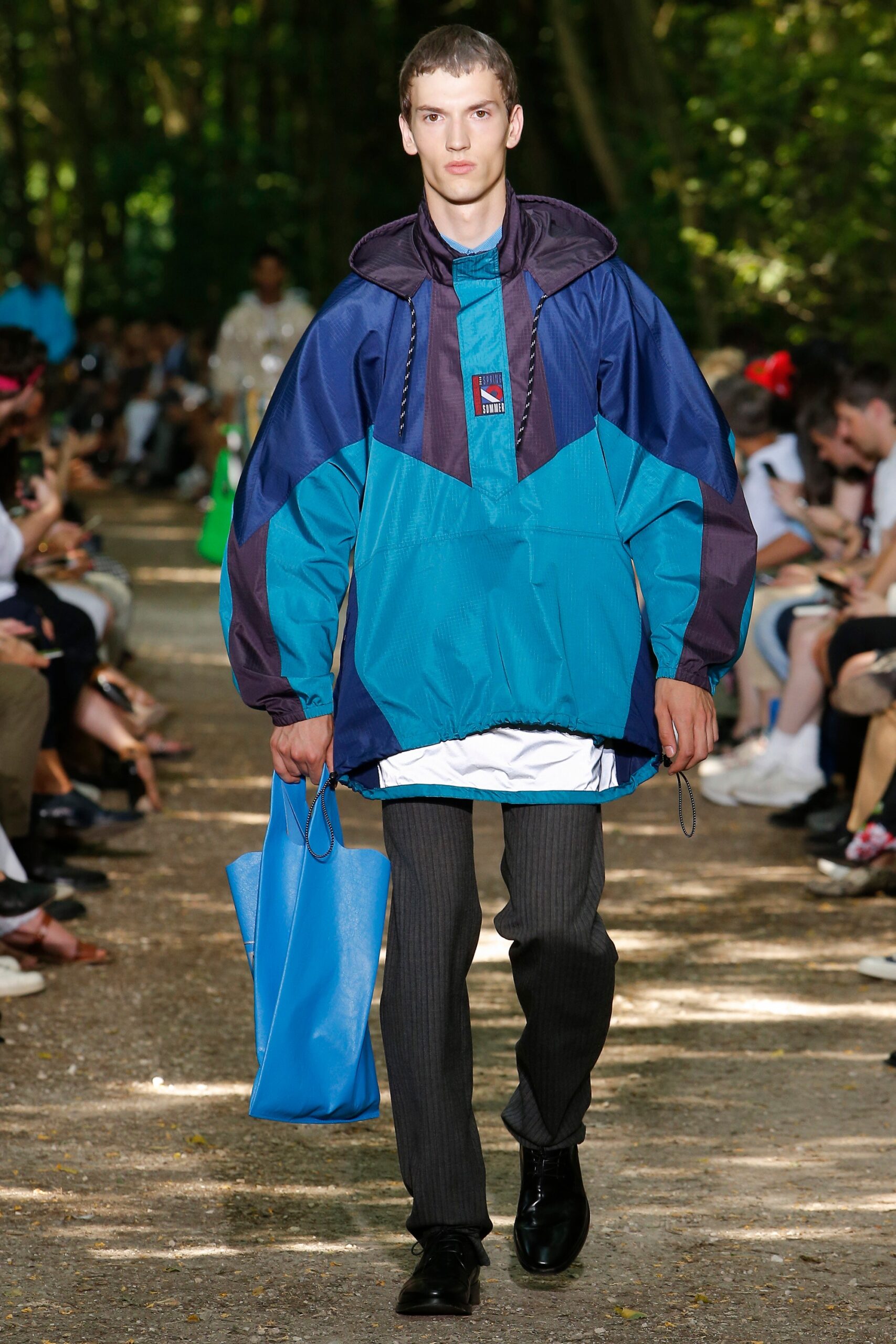 oversized blue jacket with gray pants