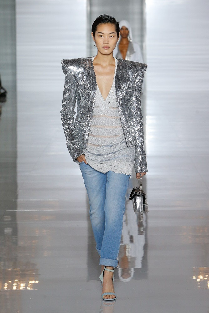 gray sequin long-sleeve v-neck fitted structured shiny jacket