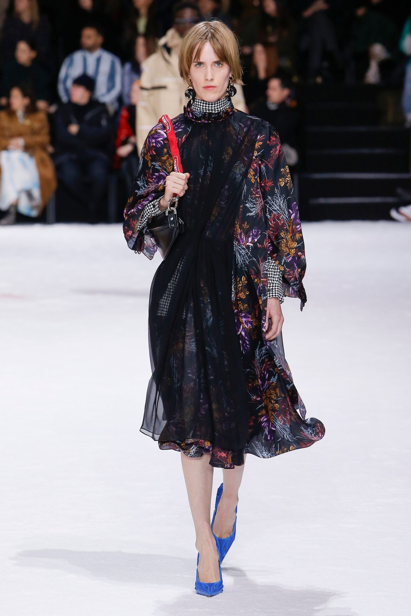 black floral midi dress with blue shoes