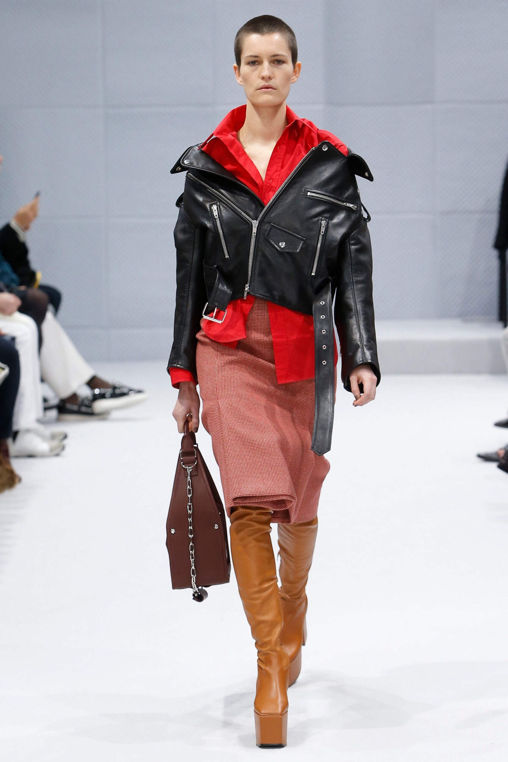 black leather jacket with red shirt