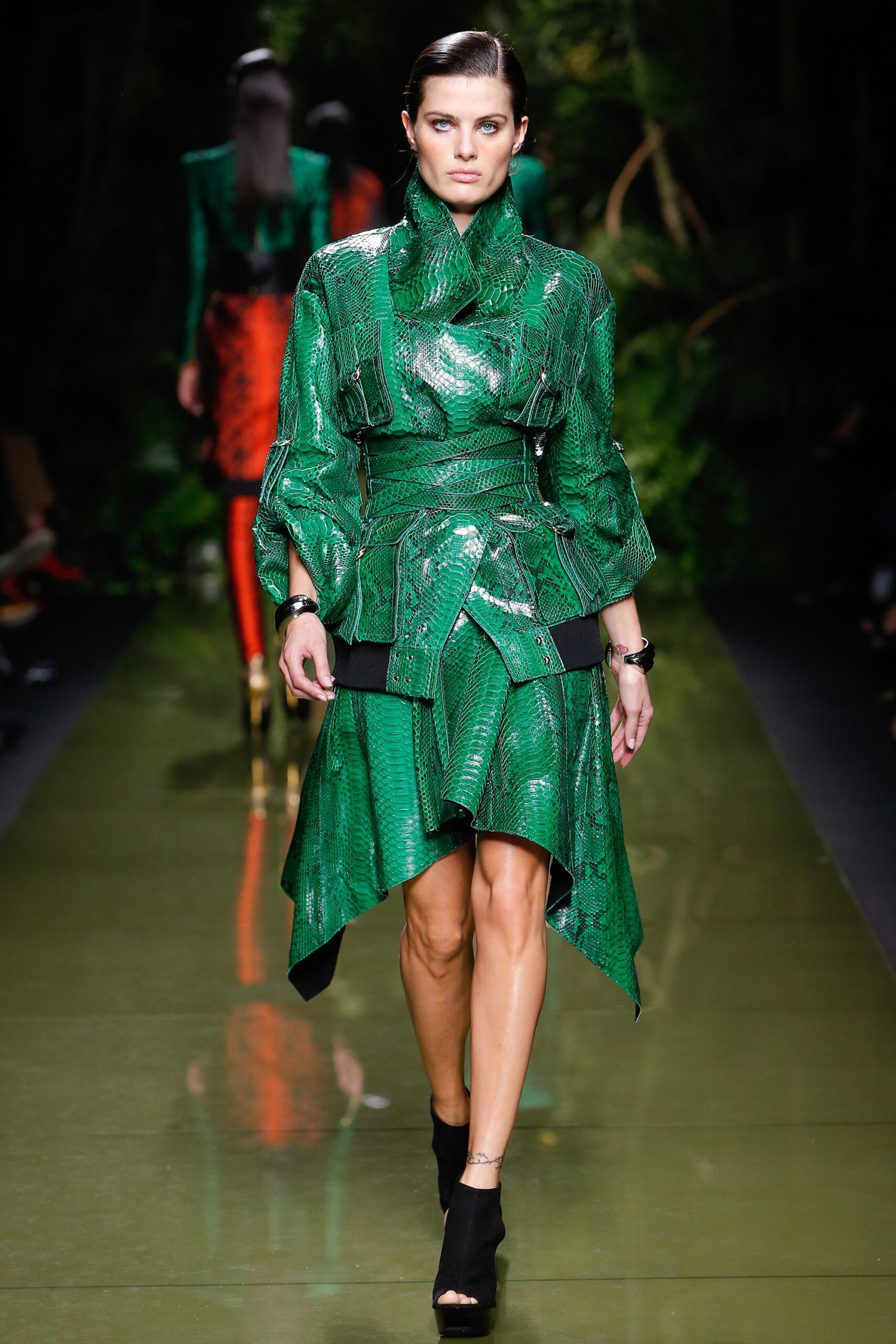 fitted green vinyl asymmetric dress