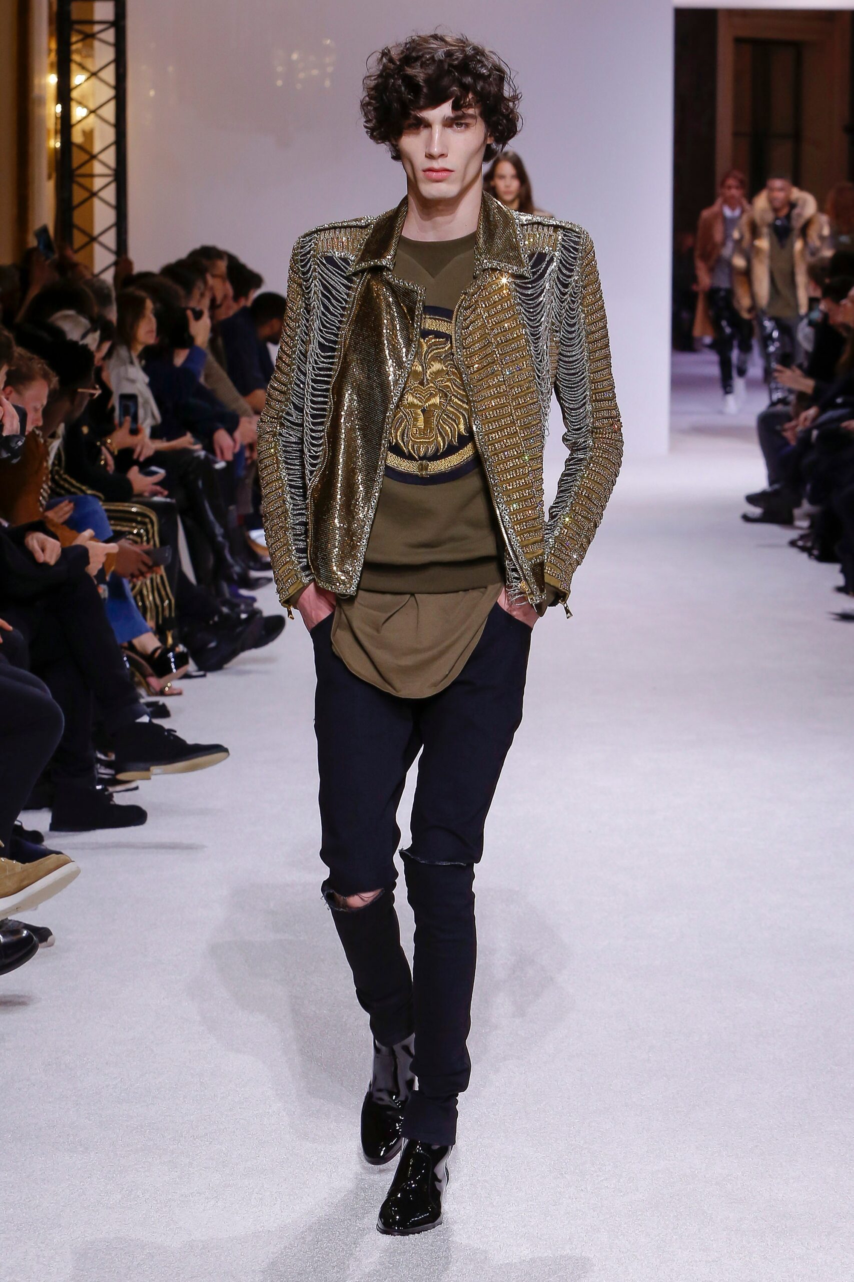 gold metallic long-sleeve collared fitted zippered fringed jacket