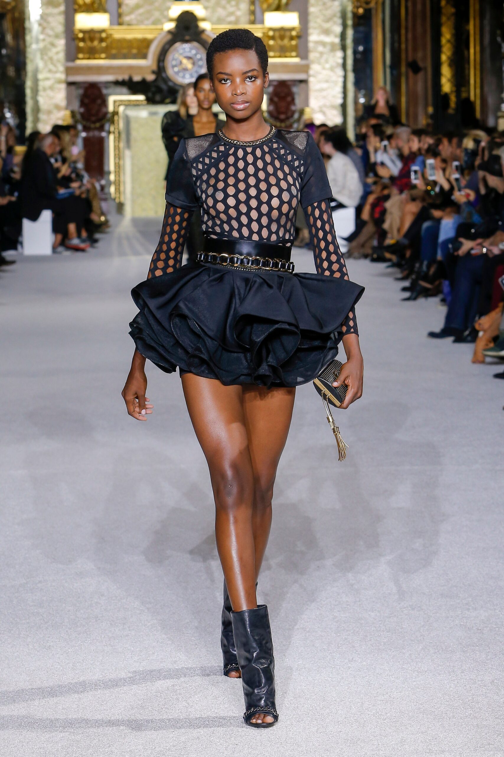 black fitted ruffled mini dress