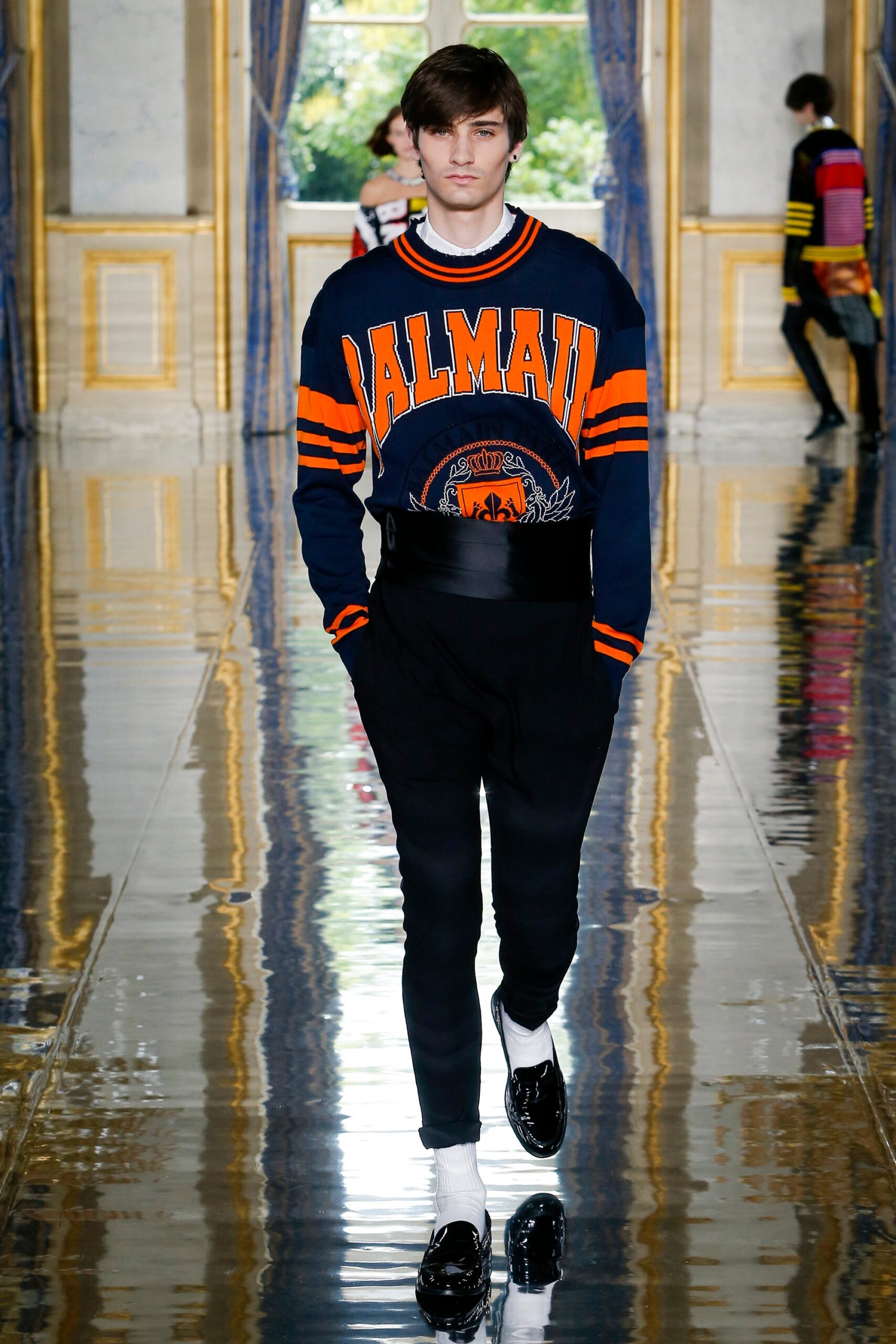 blue orange printed sweater with tailored pants