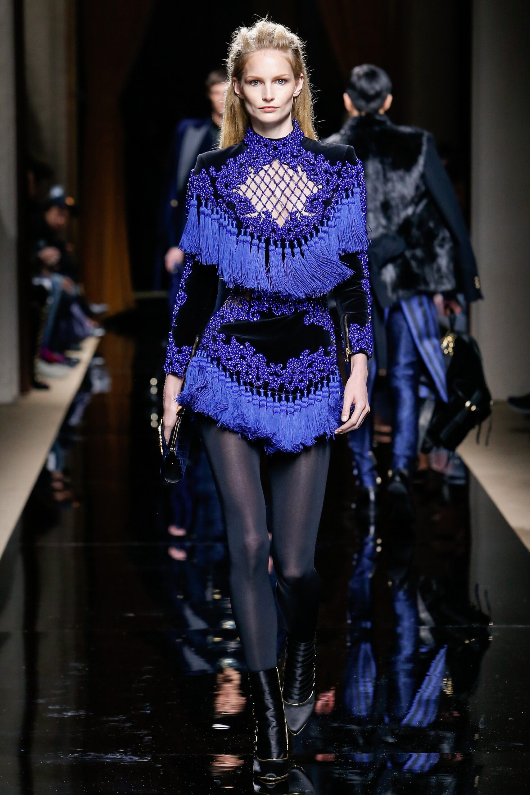 blue silk fringed mini dress