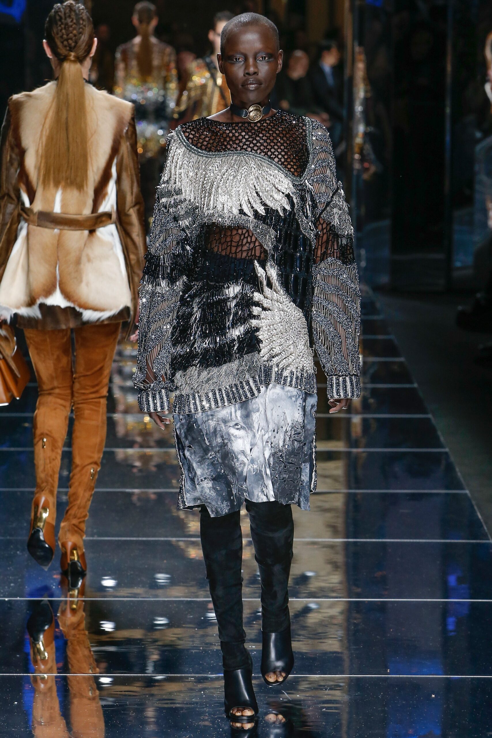 black and silver fringed midi dress
