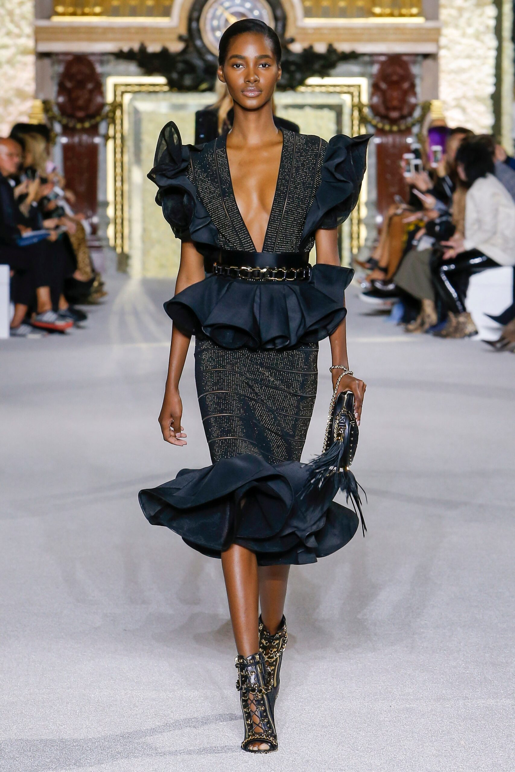 black ruffled midi dress