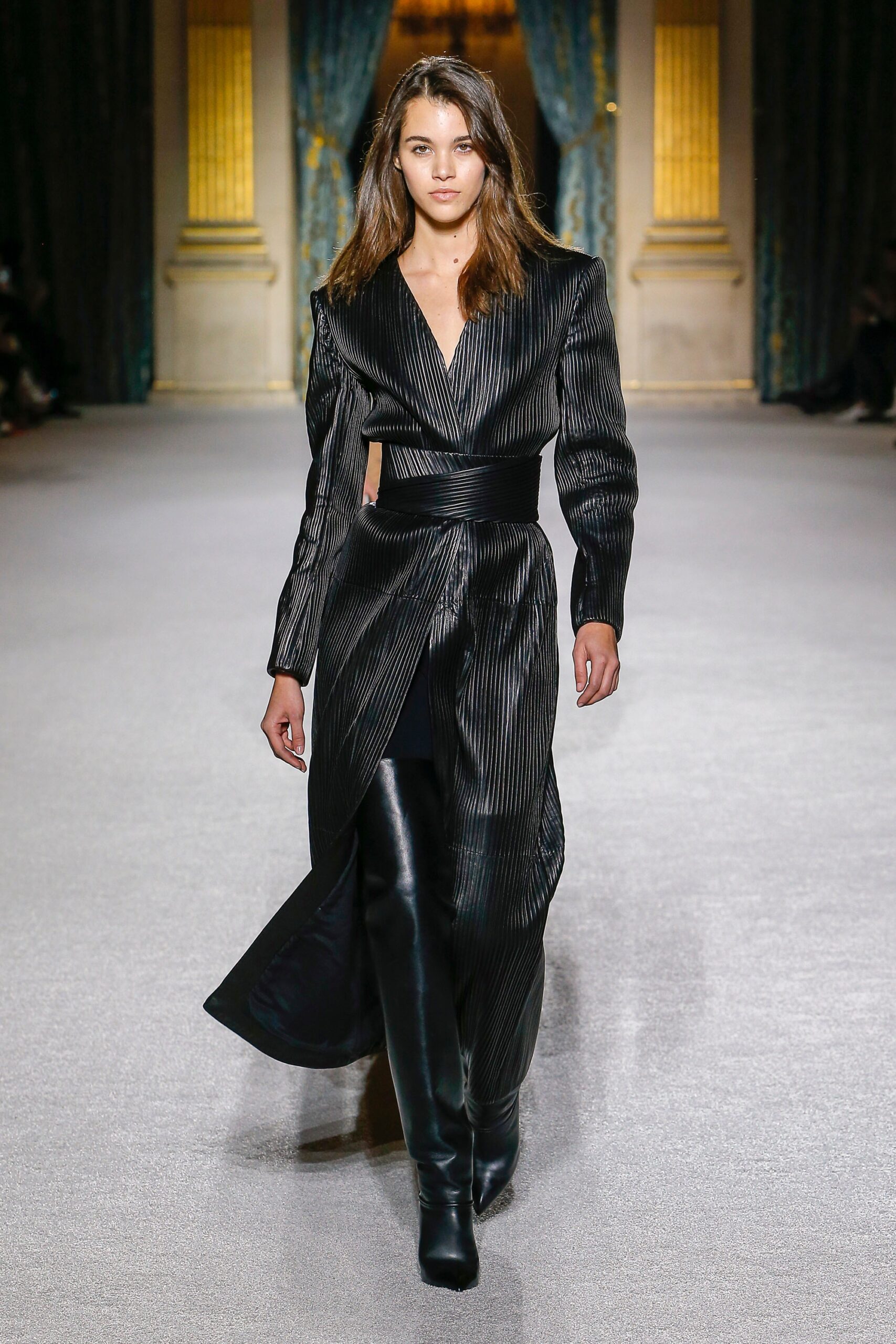 black silk pleated midi dress with boots