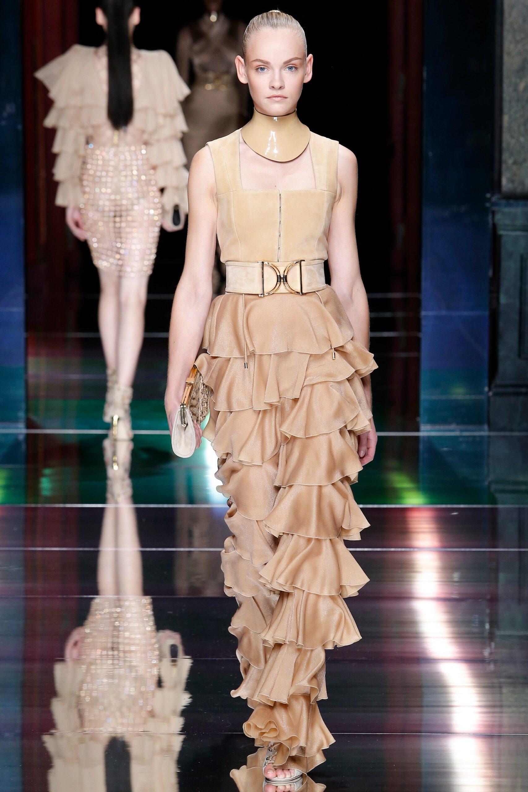 beige silk sleeveless ruffled dress