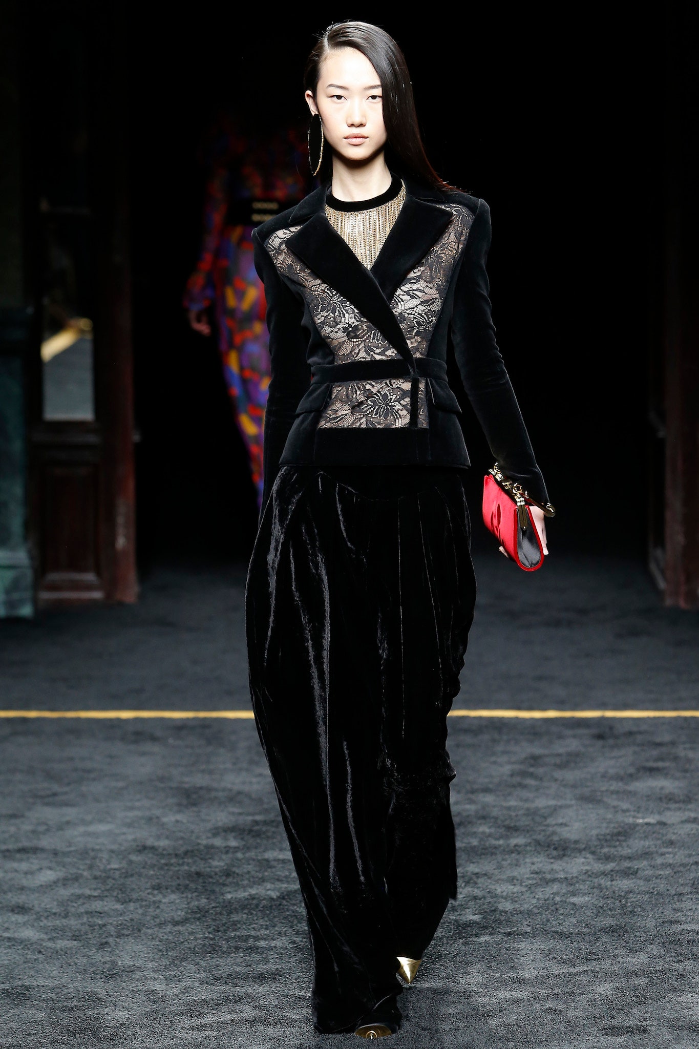 black velvet long-sleeve collared fitted embroidered blazer