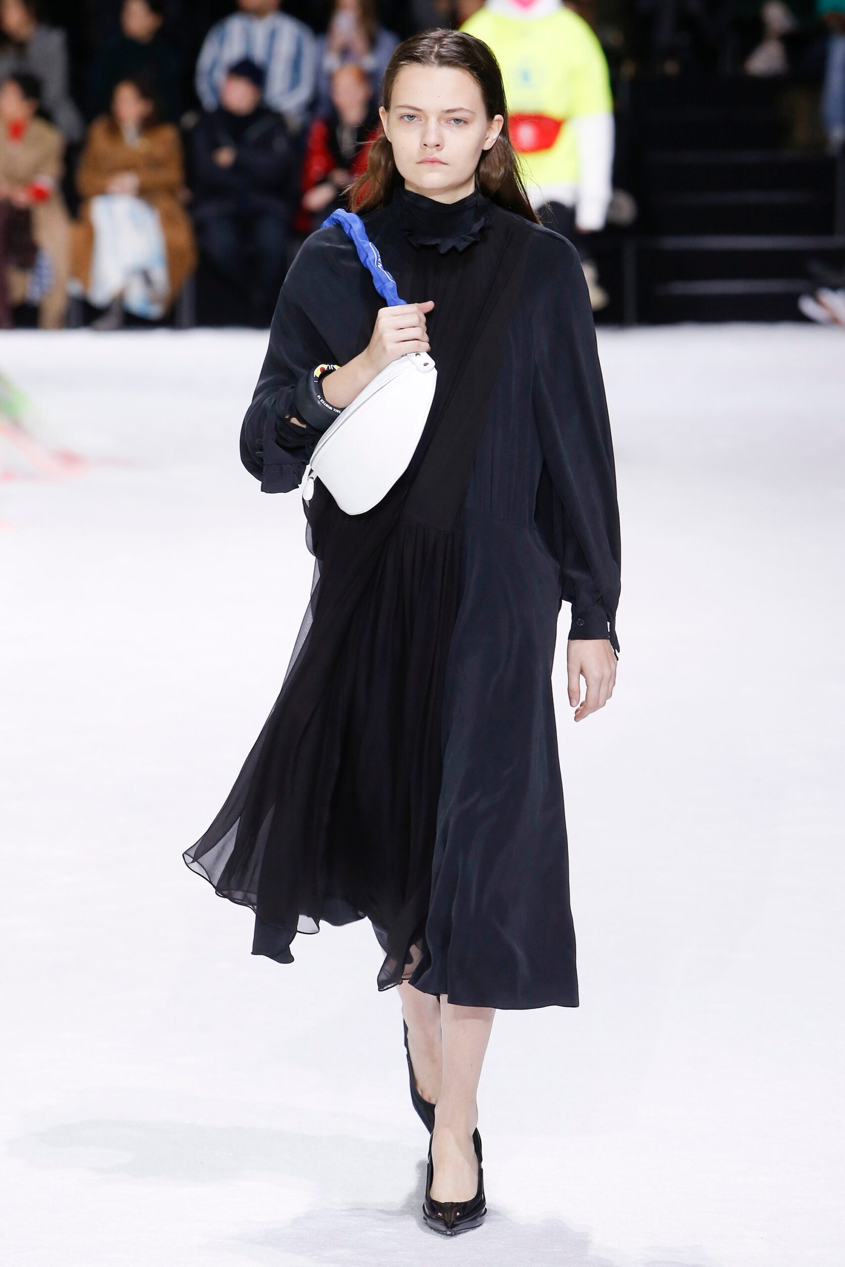 black chiffon long-sleeve high-neck fitted pleated flowing dress