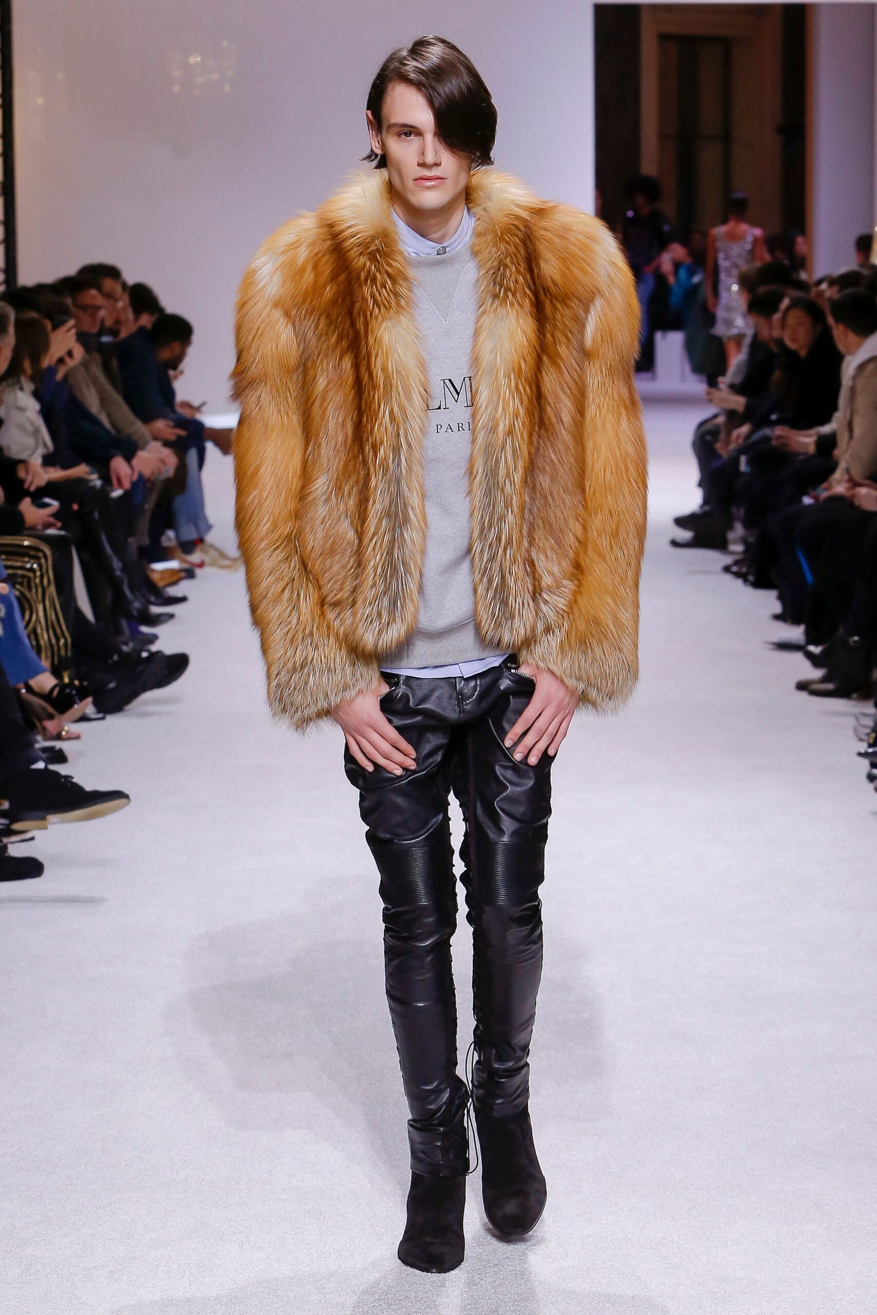 orange fur coat with gray top