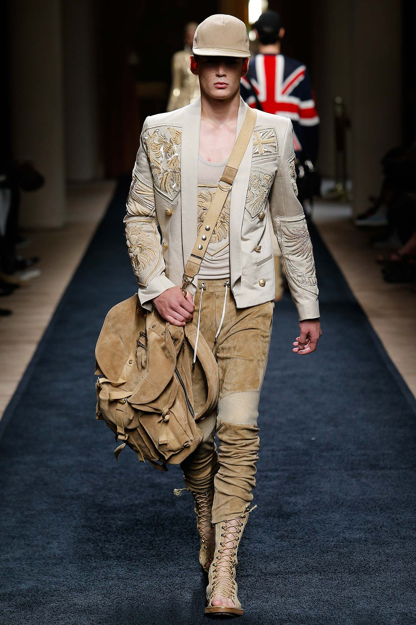 beige suede long-sleeve collared fitted embroidered zippered jacket