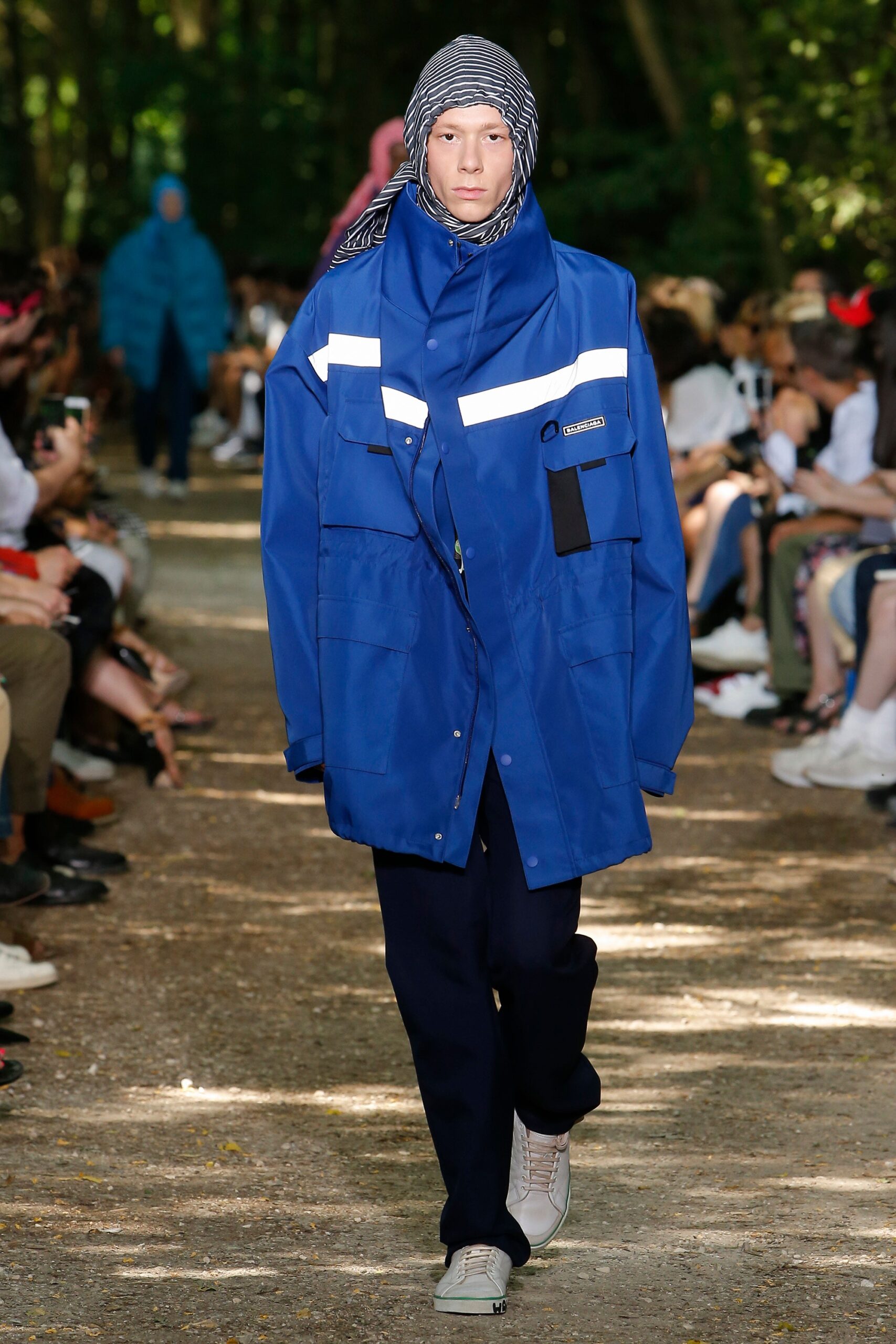 oversized blue jacket with relaxed pants