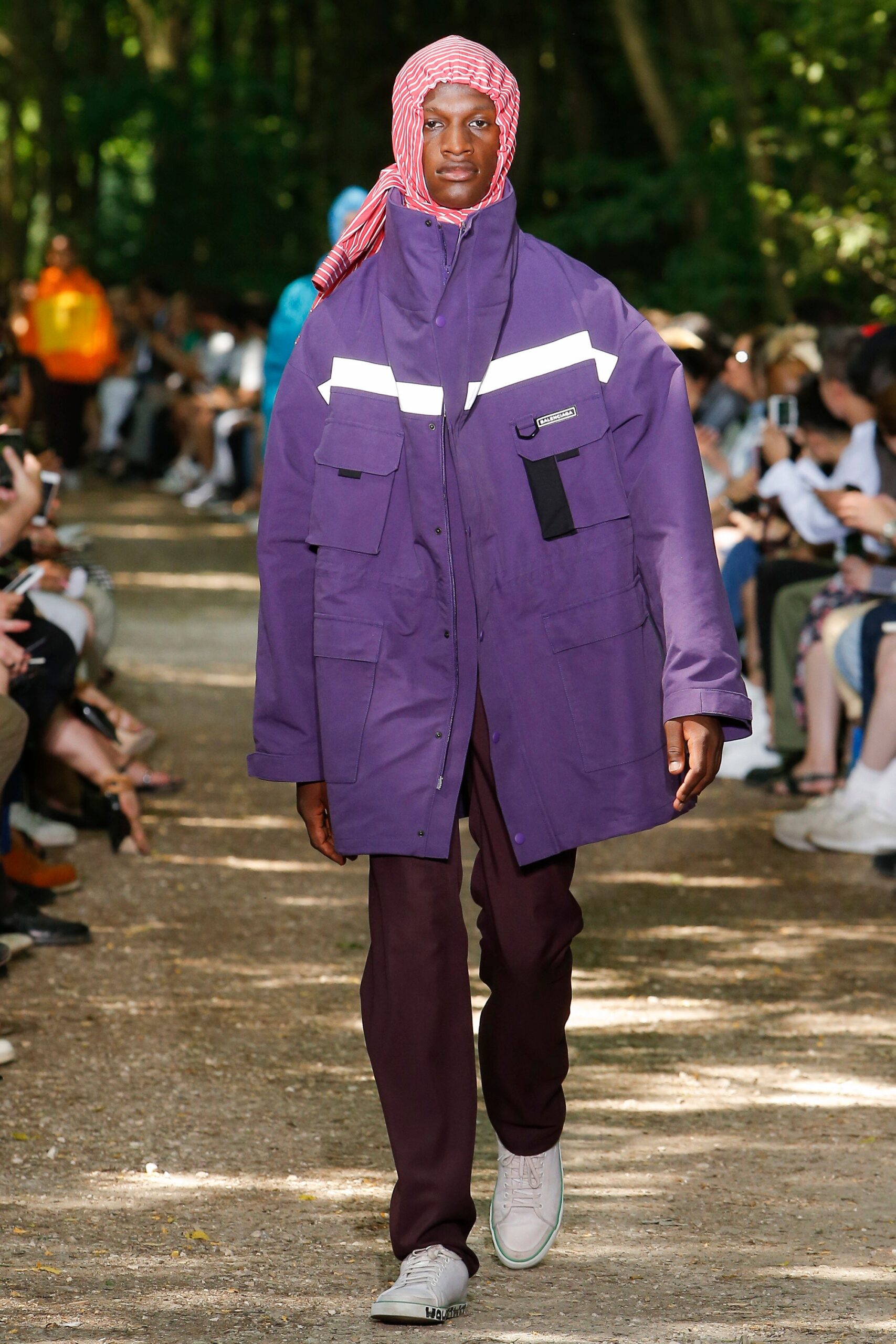 purple oversized jacket with maroon pants