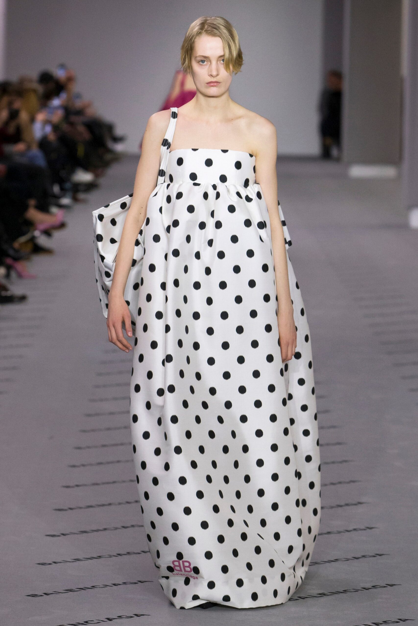 white polka-dot off-shoulder dress