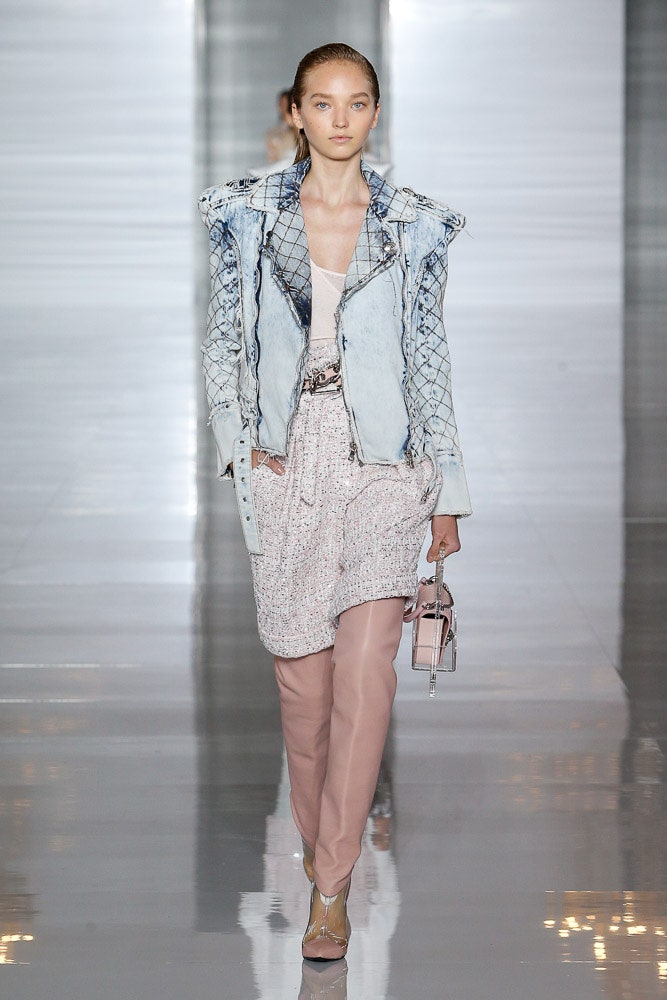 blue denim jacket pink dress