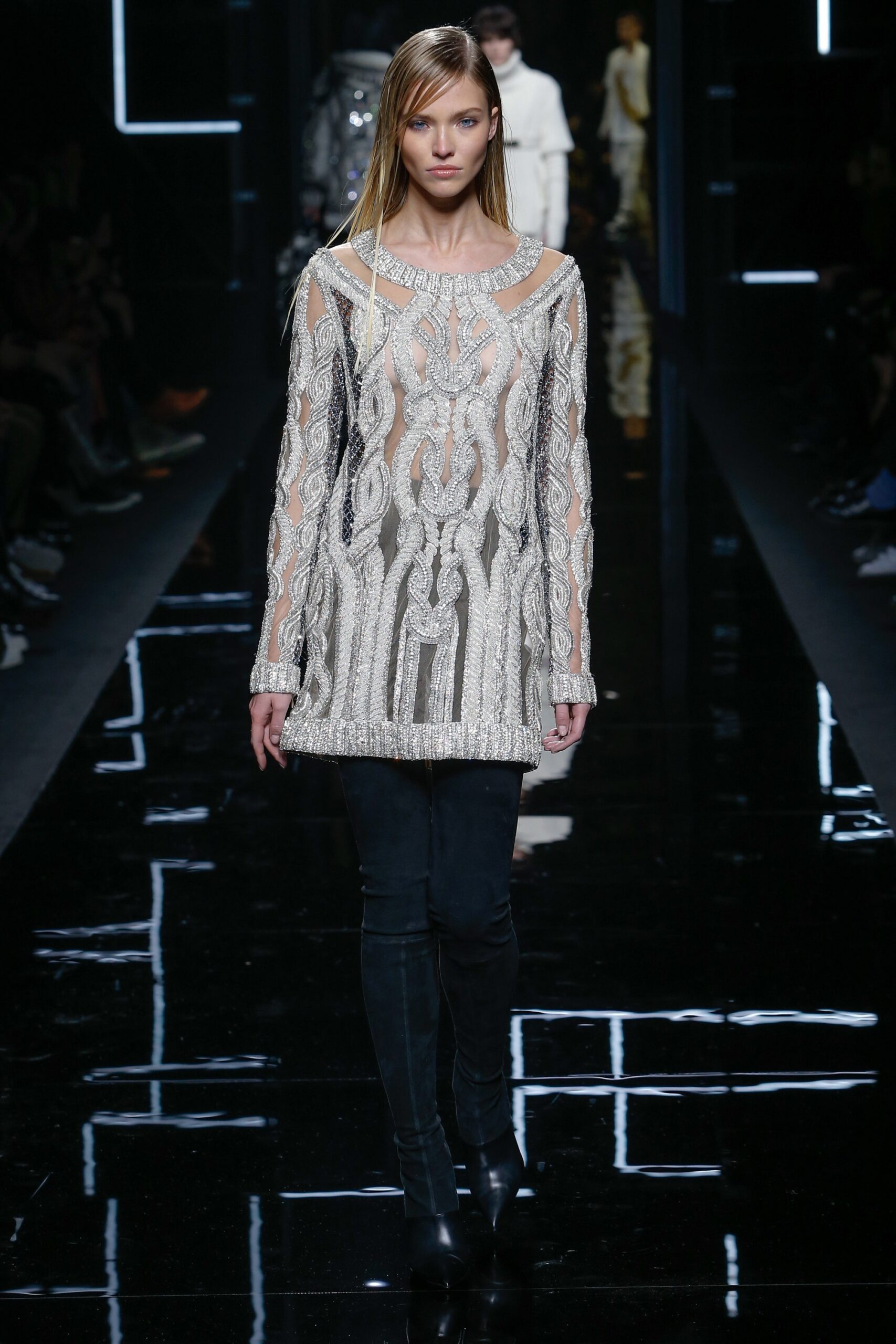 white silk long-sleeve high-neck fitted embroidered shiny top