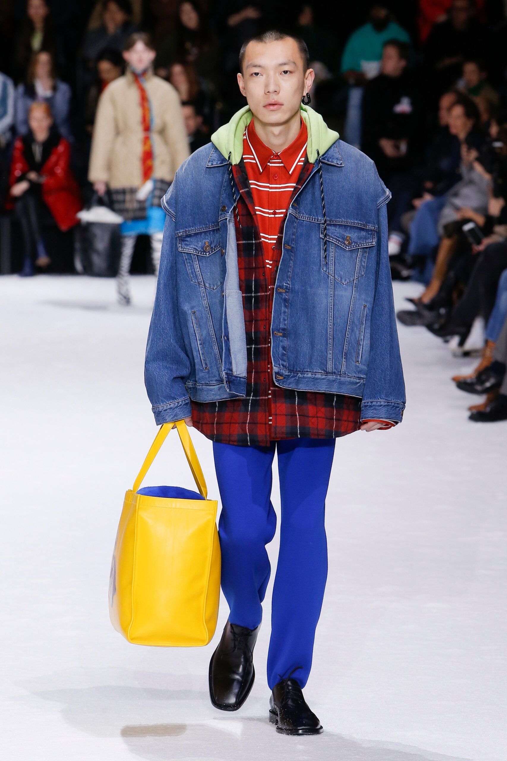 oversized denim jacket with striped shirt