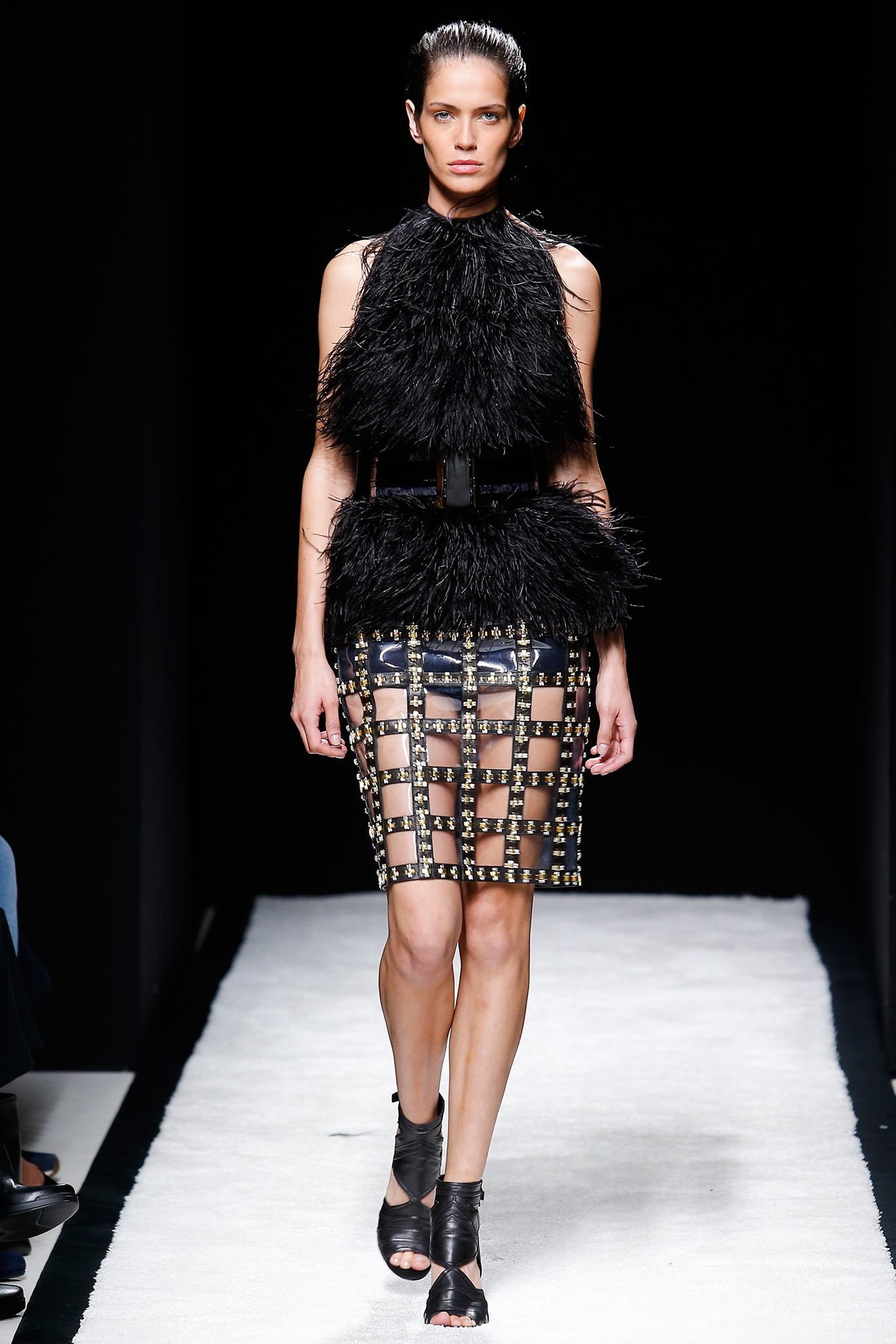 black fur sleeveless high-neck fitted ruffled top