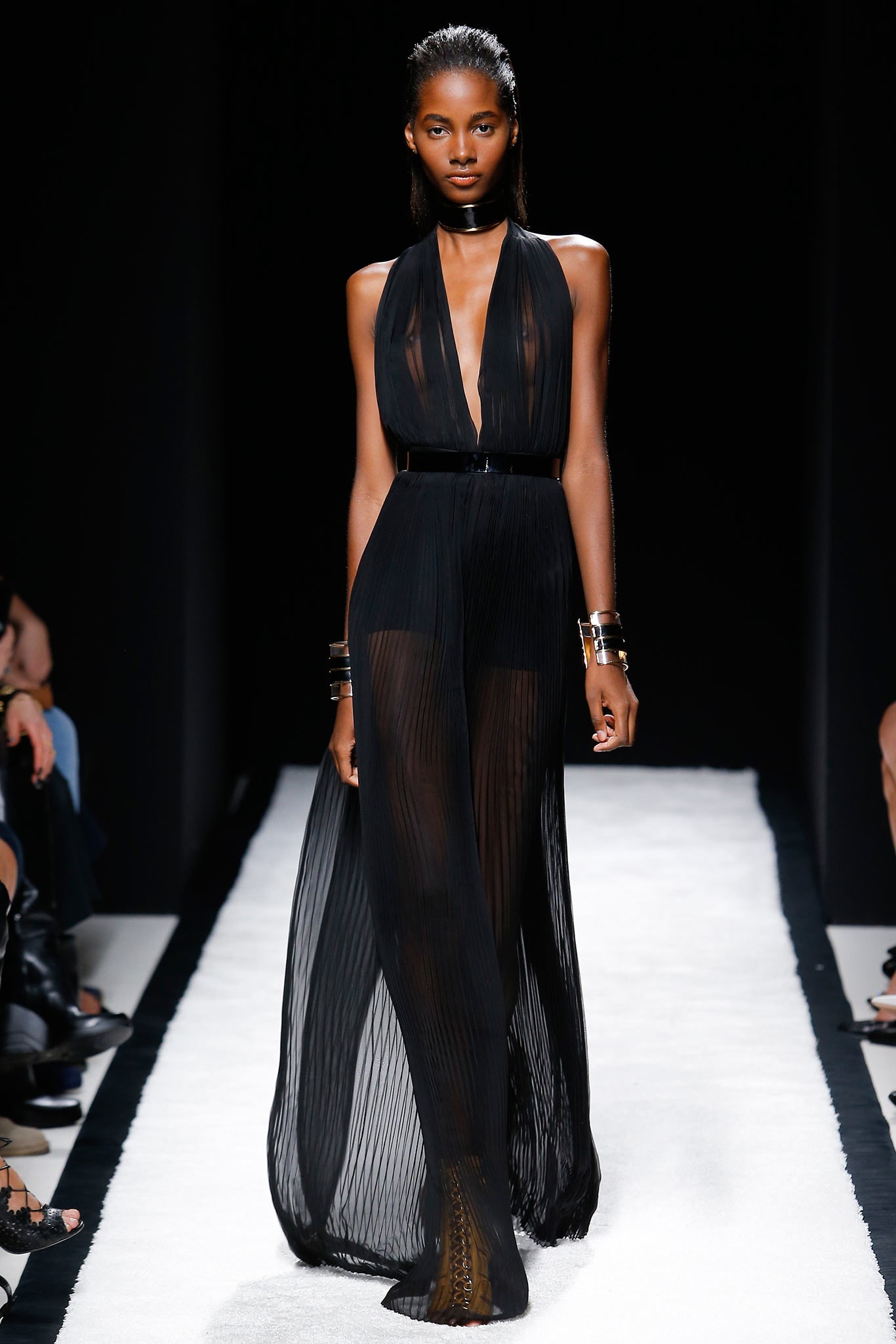 black pleated chiffon gown