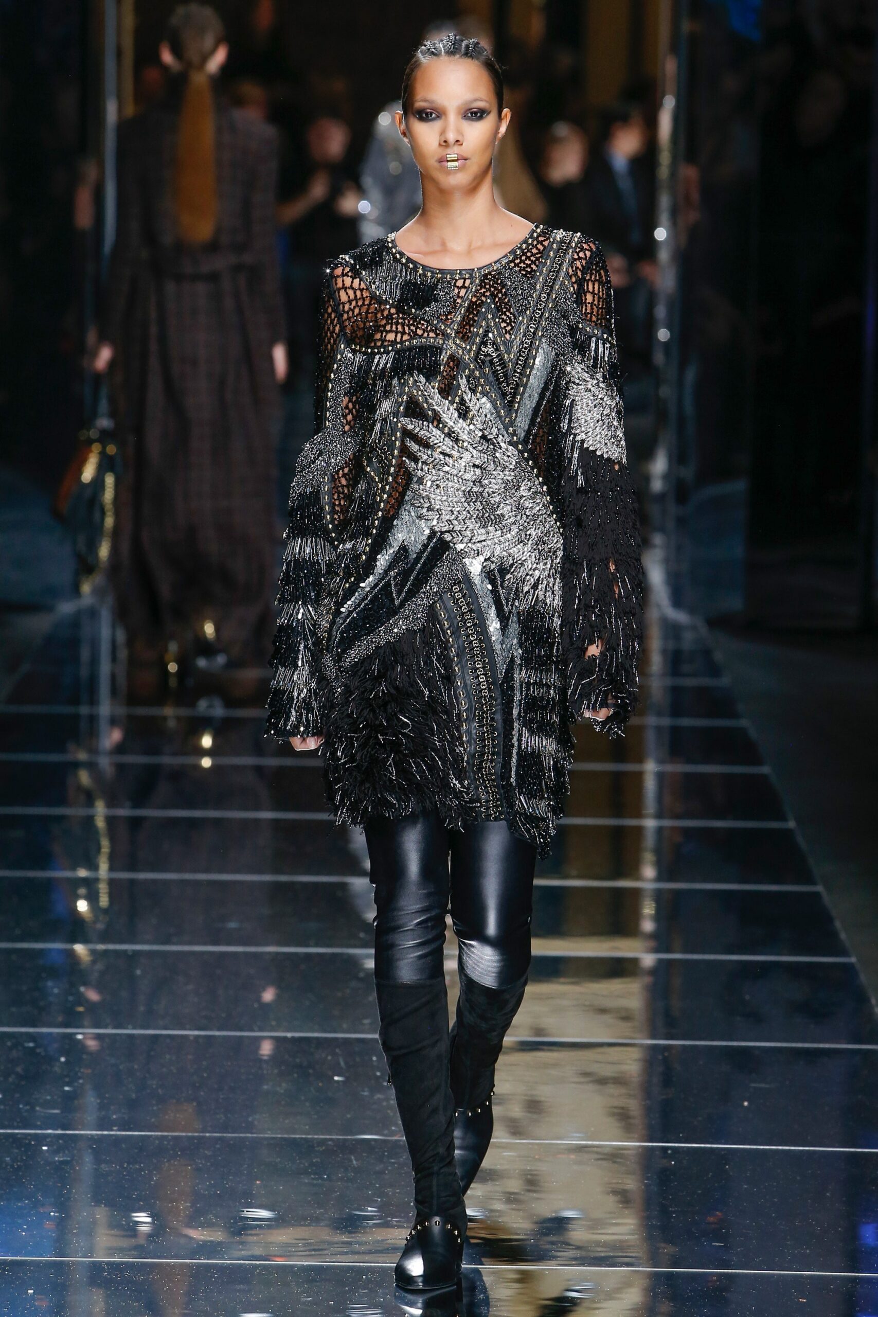 black silk long-sleeve fitted fringed embellished shiny top