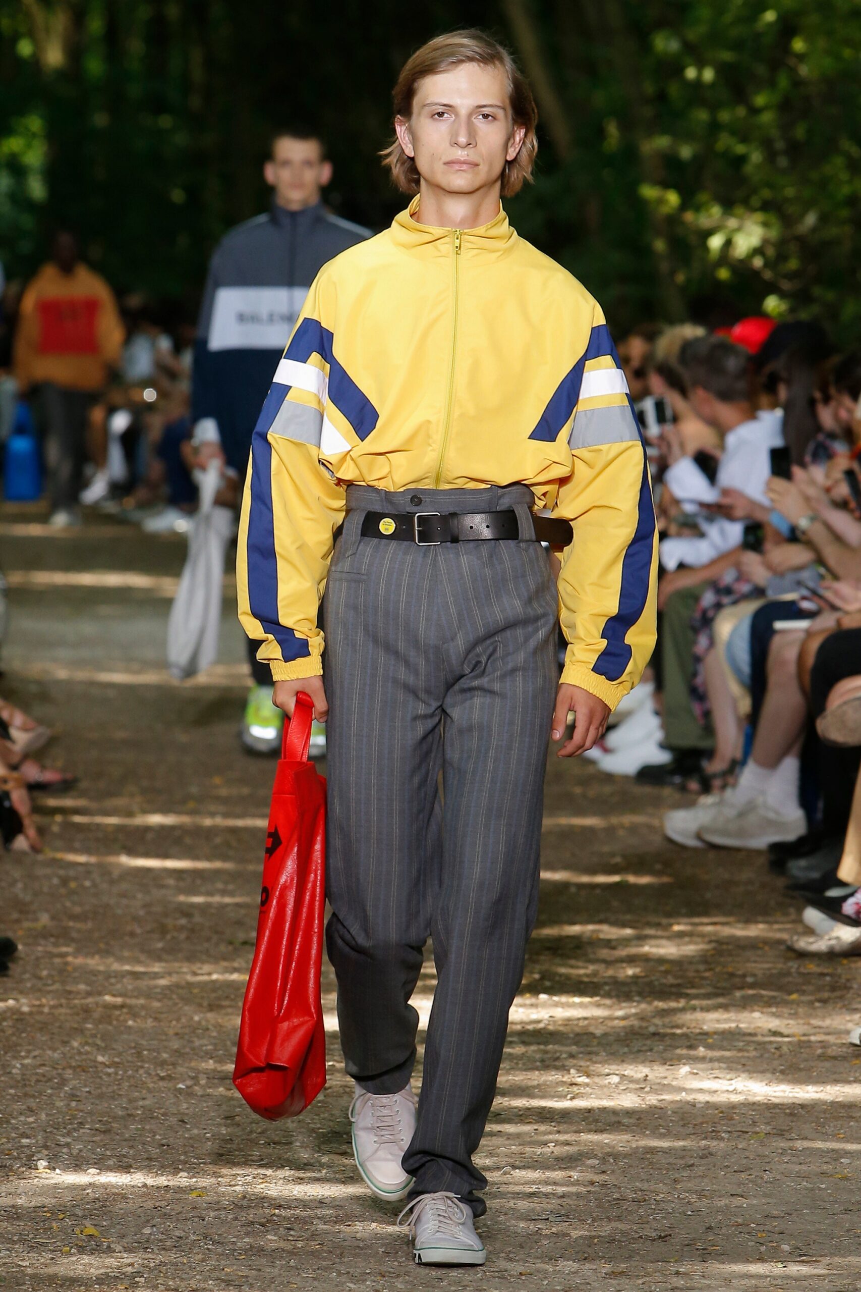 yellow relaxed jacket with gray pants