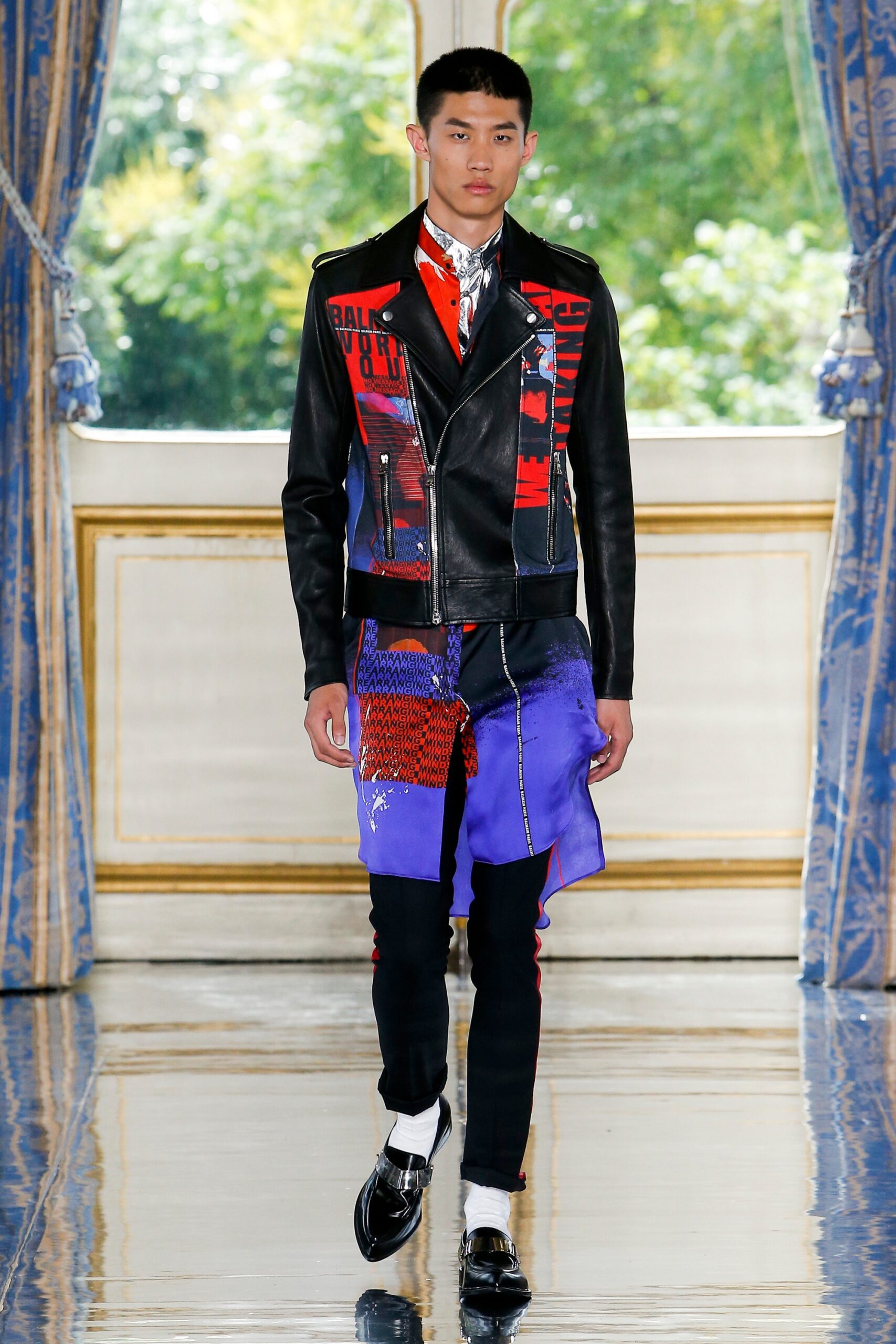 black leather jacket with printed pants