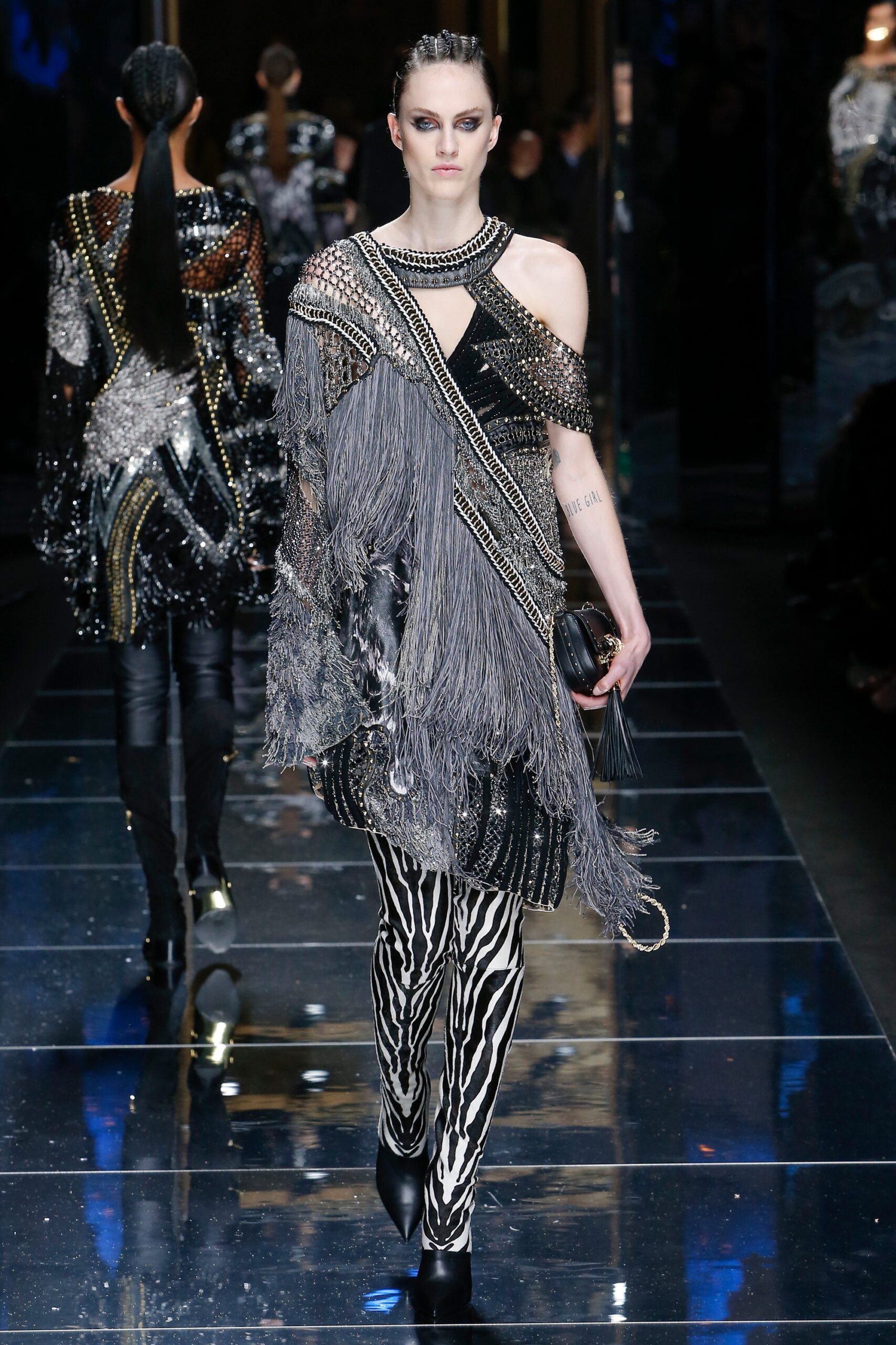 black sequin sleeveless off-shoulder fitted fringed beaded dress
