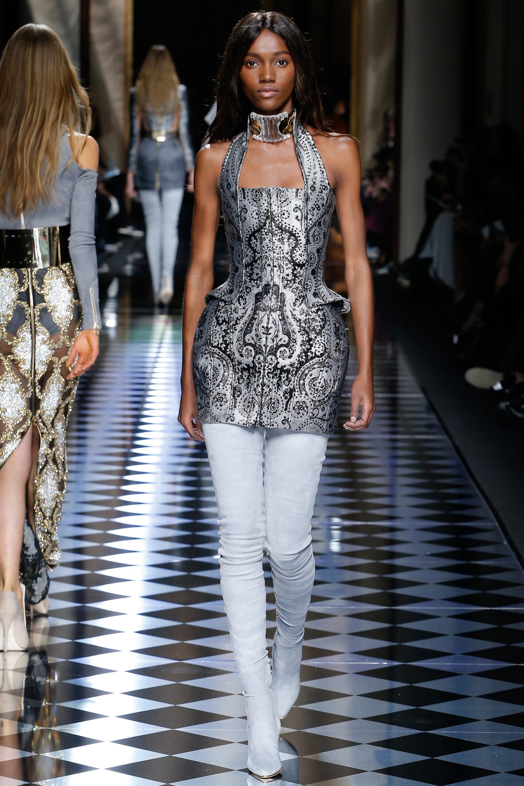 gray metallic sleeveless high-neck fitted pleated shiny dress