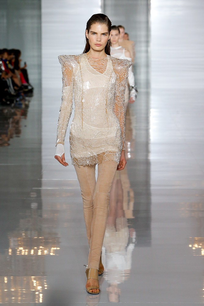 beige mesh long-sleeve high-neck fitted layered sheer dress