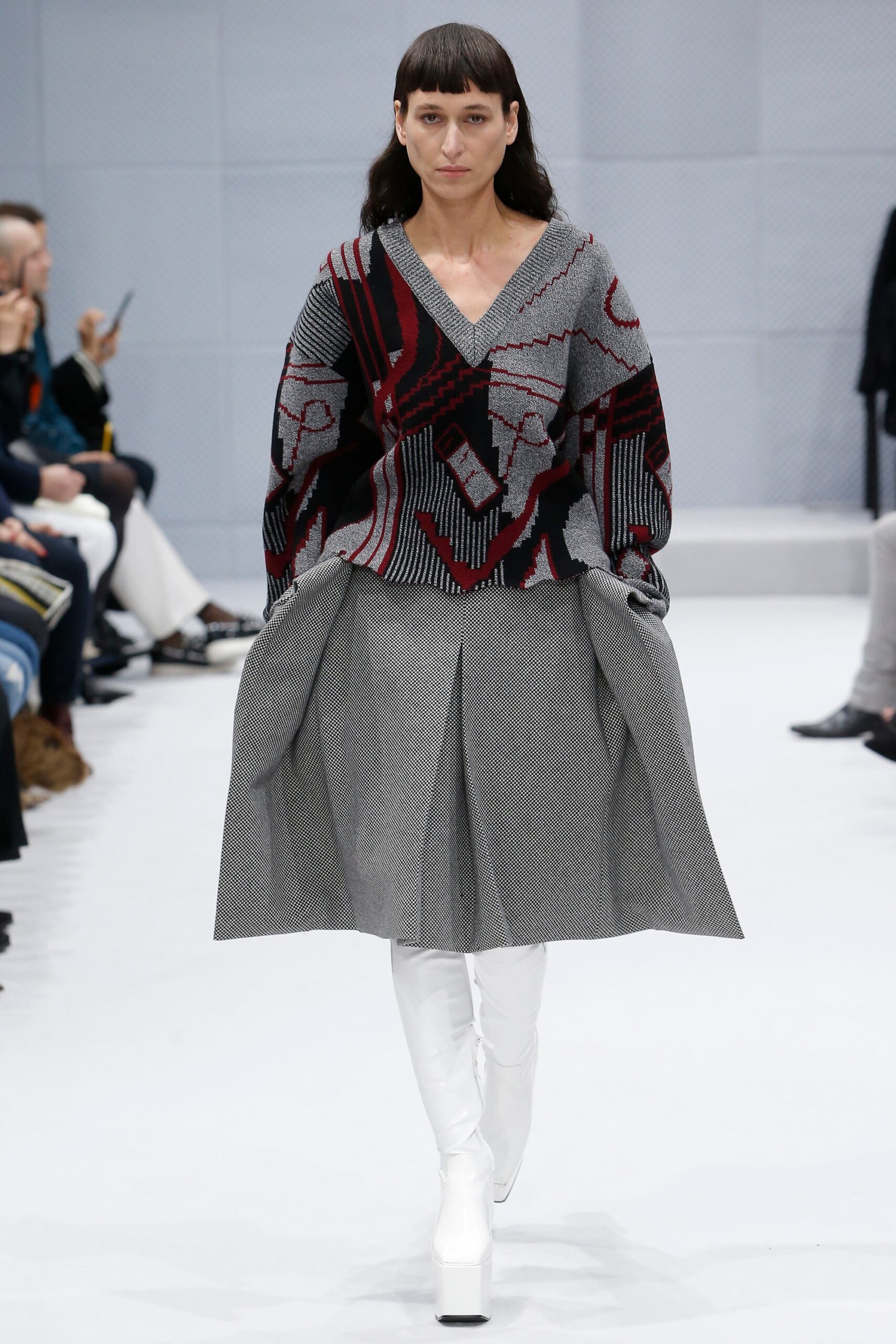 gray wool long-sleeve hooded fitted layered printed top