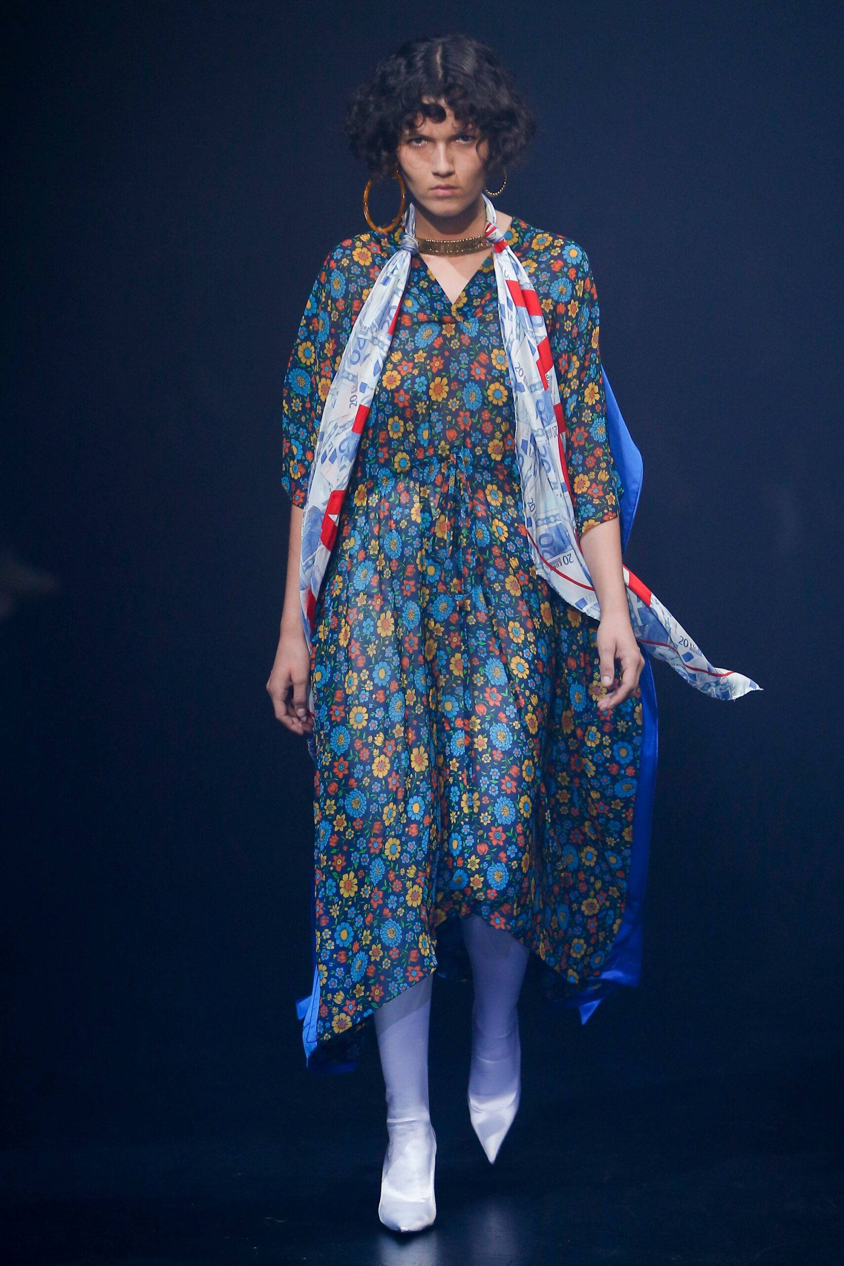 blue floral midi dress with scarf