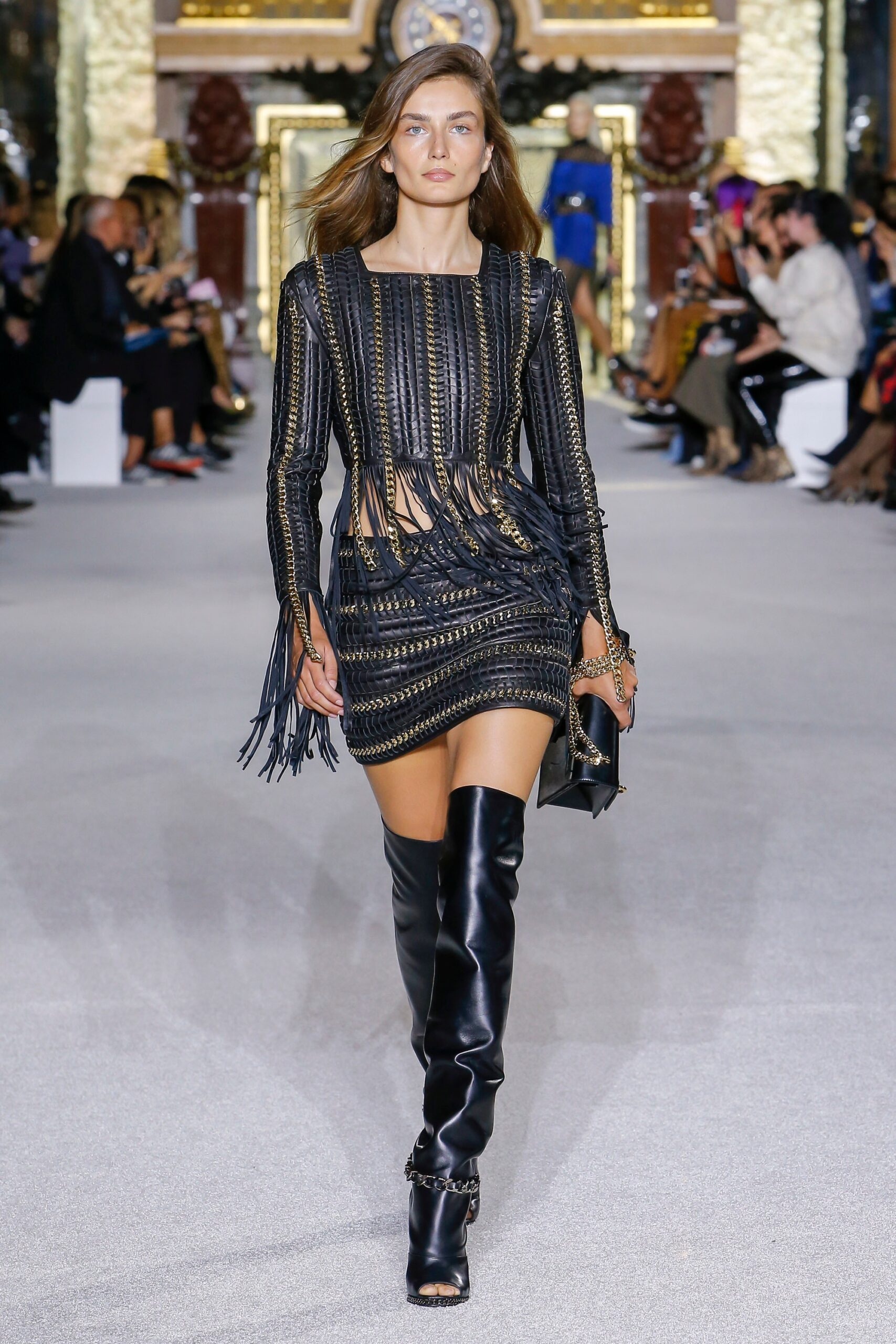 black leather fringed mini dress