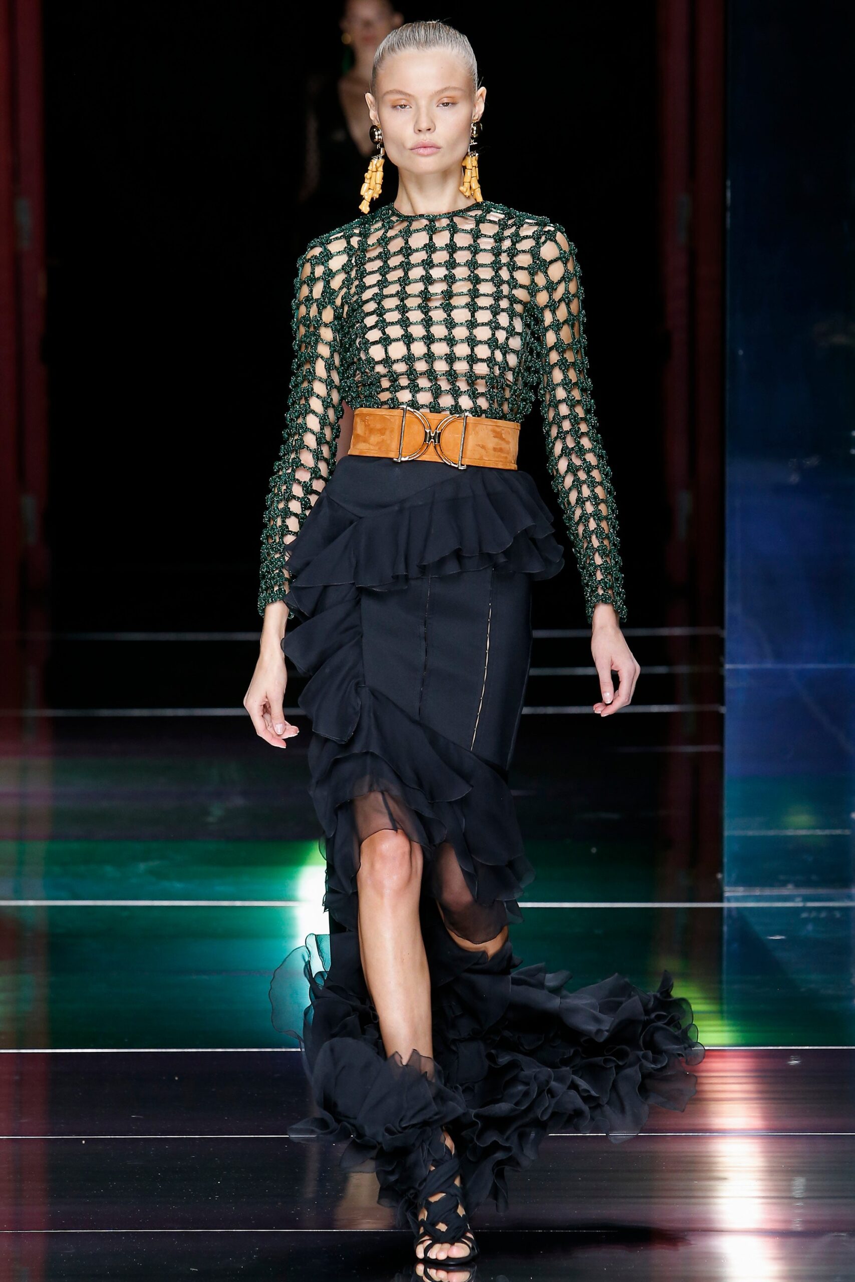 green crochet top with ruffled skirt