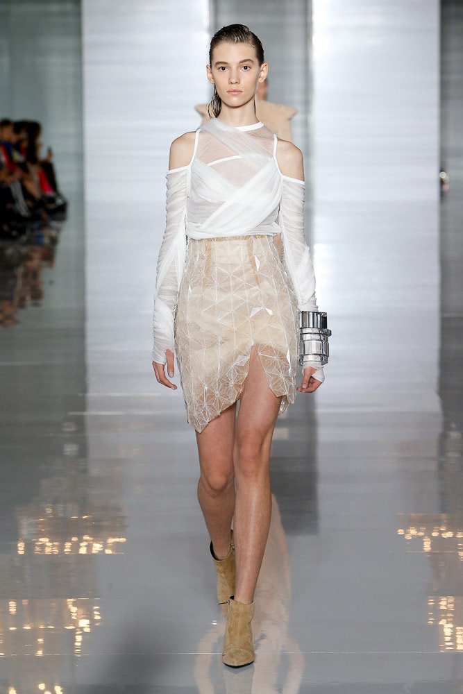 white mesh sleeveless high-neck fitted layered sheer dress
