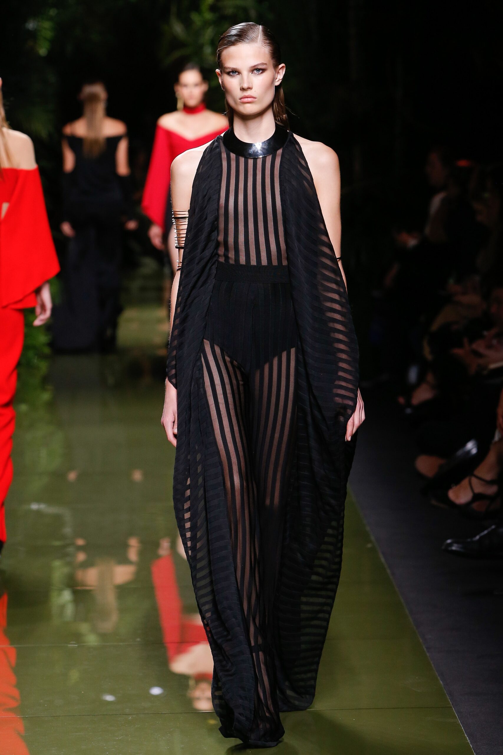 black silk sleeveless v-neck fitted striped draped jumpsuit