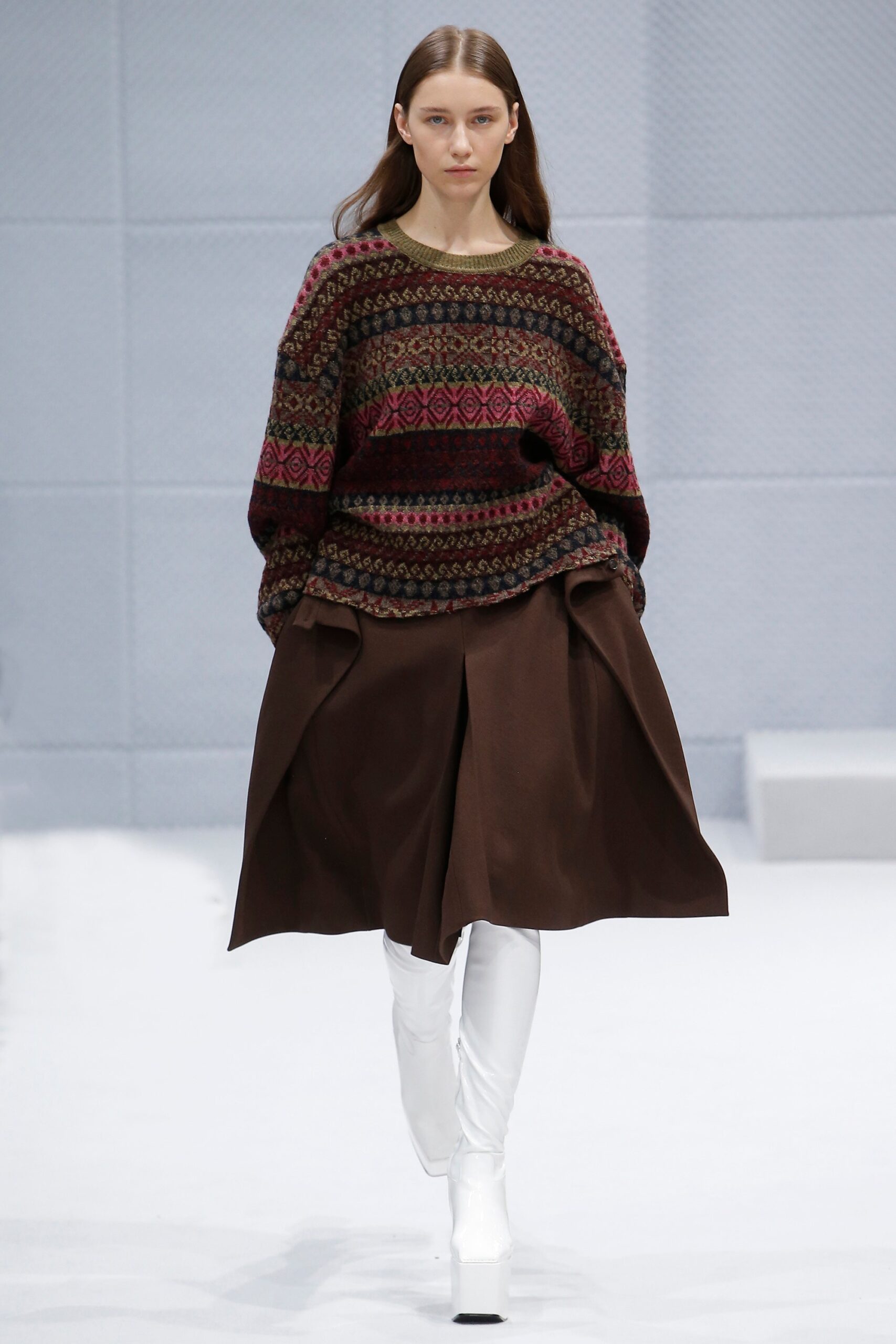 brown cotton fitted high-waisted pleated midi skirt