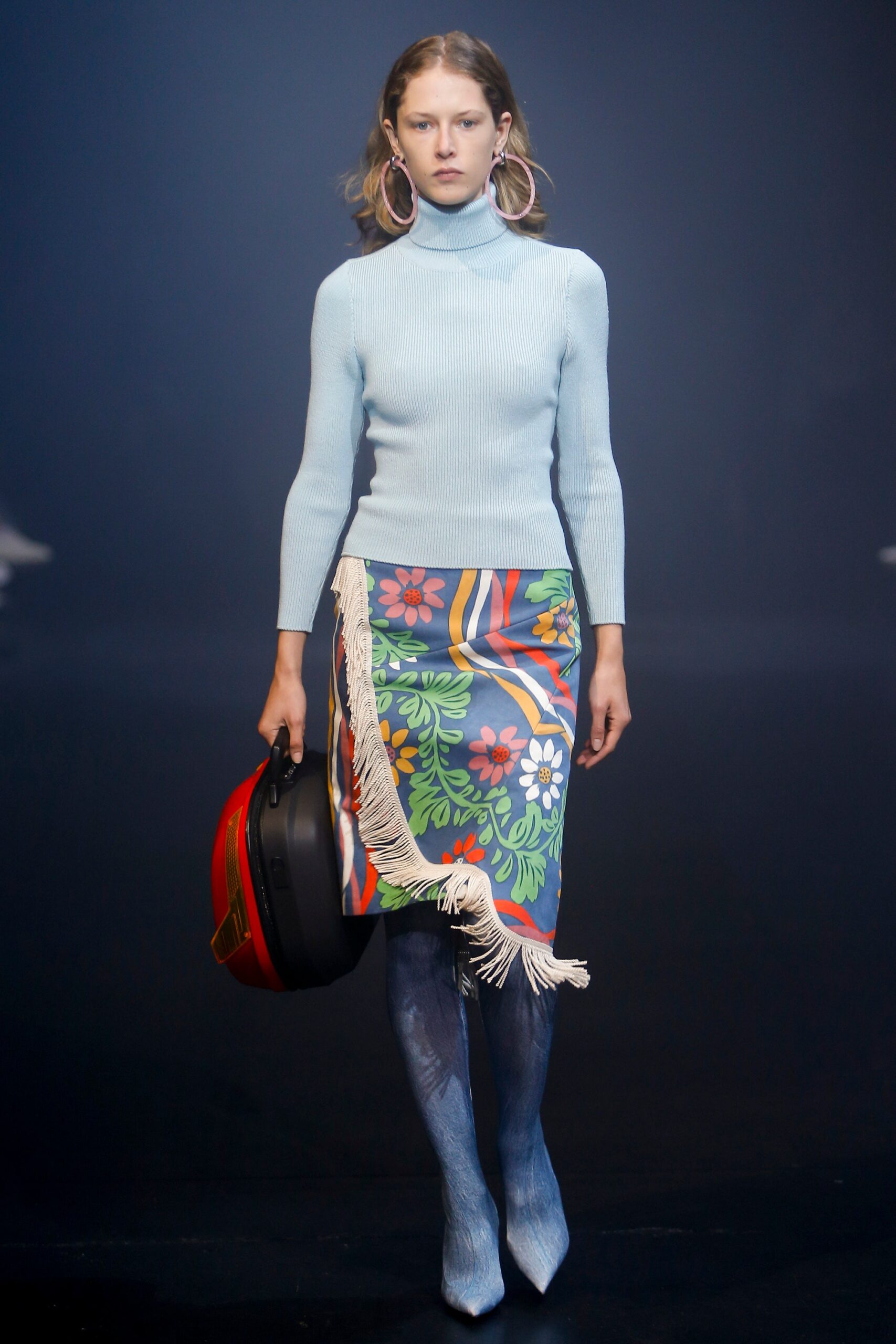 blue fitted top with multi skirt